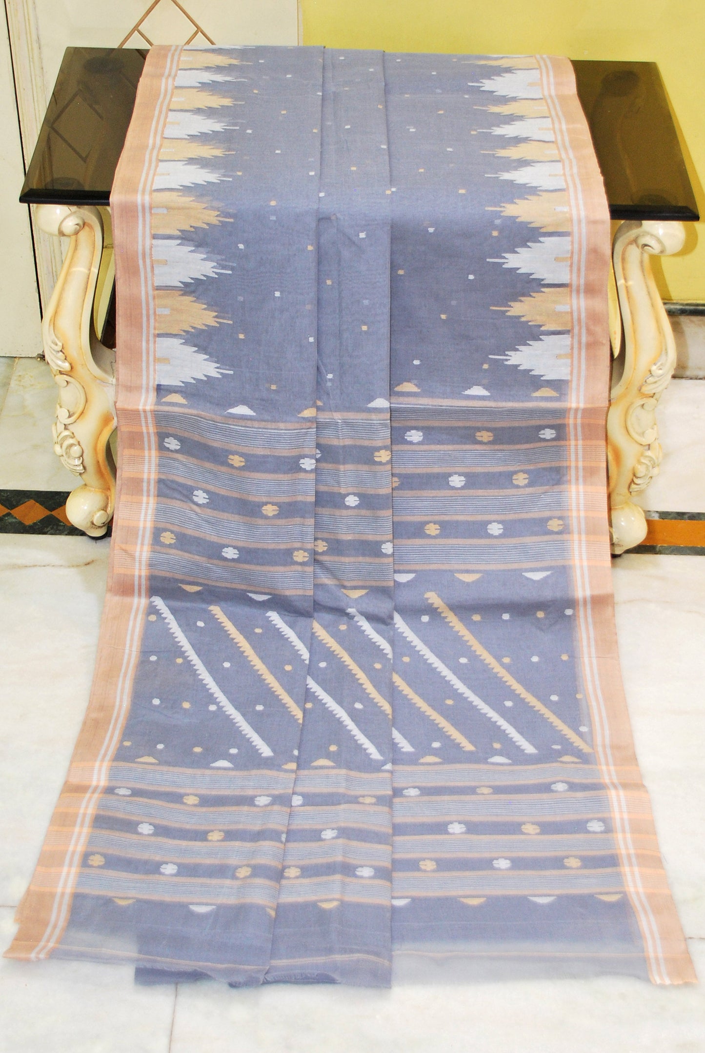 Crowned Temple Border Work Pure Cotton Bengal Jamdani Saree in Smoke Grey, Beige and Off White