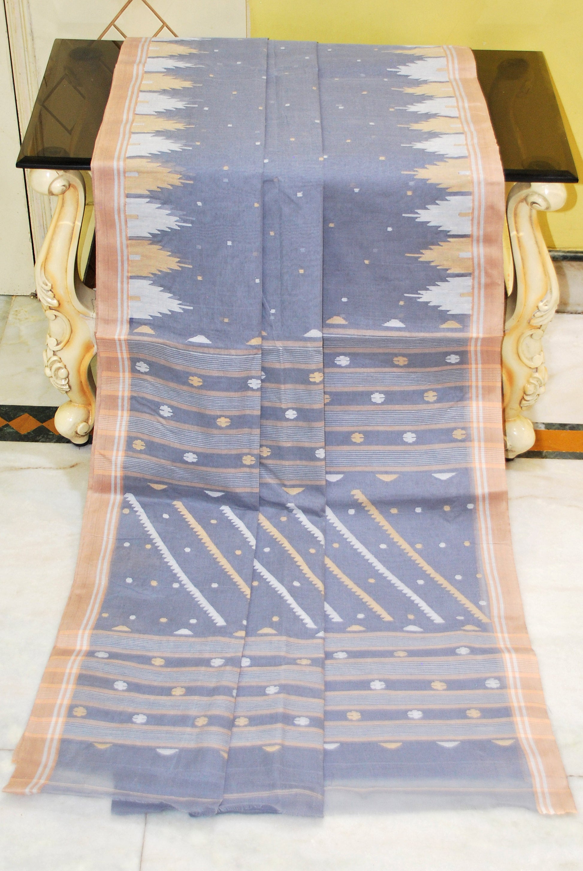 Crowned Temple Border Work Pure Cotton Bengal Jamdani Saree in Smoke Grey, Beige and Off White