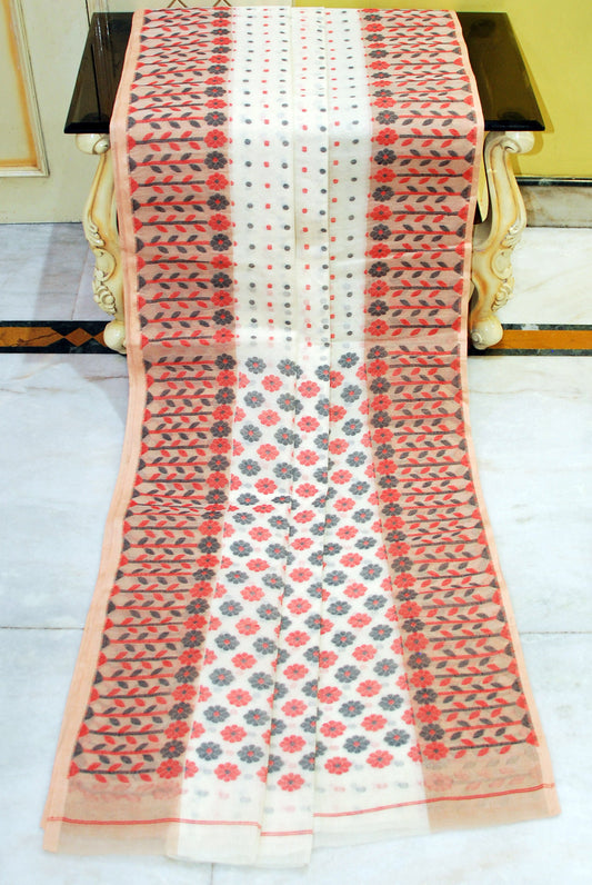 Nakshi Floral Work with Polka Butta Cotton Jamdani Saree in Off White, Red, Black and Beige Thread Work