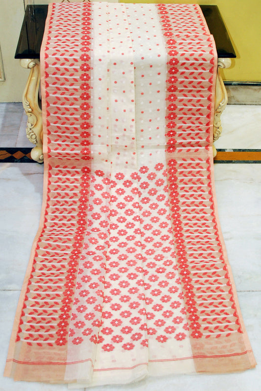 Nakshi Floral Work with Polka Butta Cotton Jamdani Saree in Off White, Red and Beige Thread Work