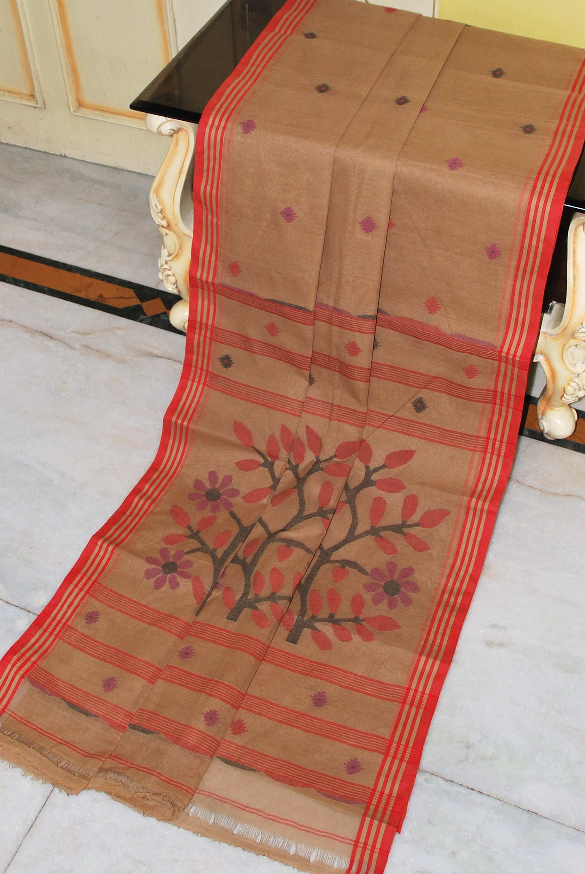 Hand Woven Cotton Dhakai Jamdani Saree in Brown, Red, Eggplant Purple and Black