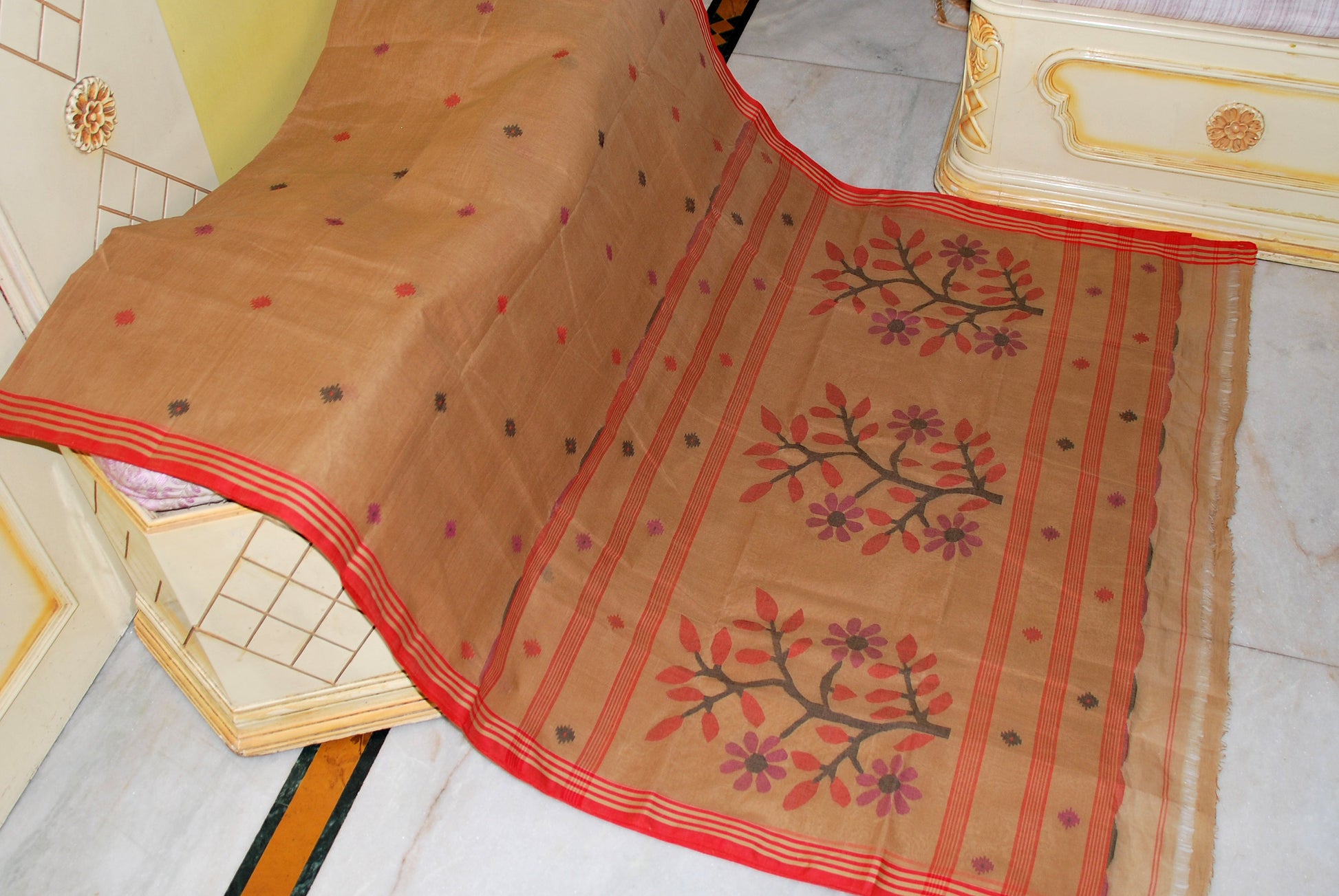 Hand Woven Cotton Dhakai Jamdani Saree in Brown, Red, Eggplant Purple and Black