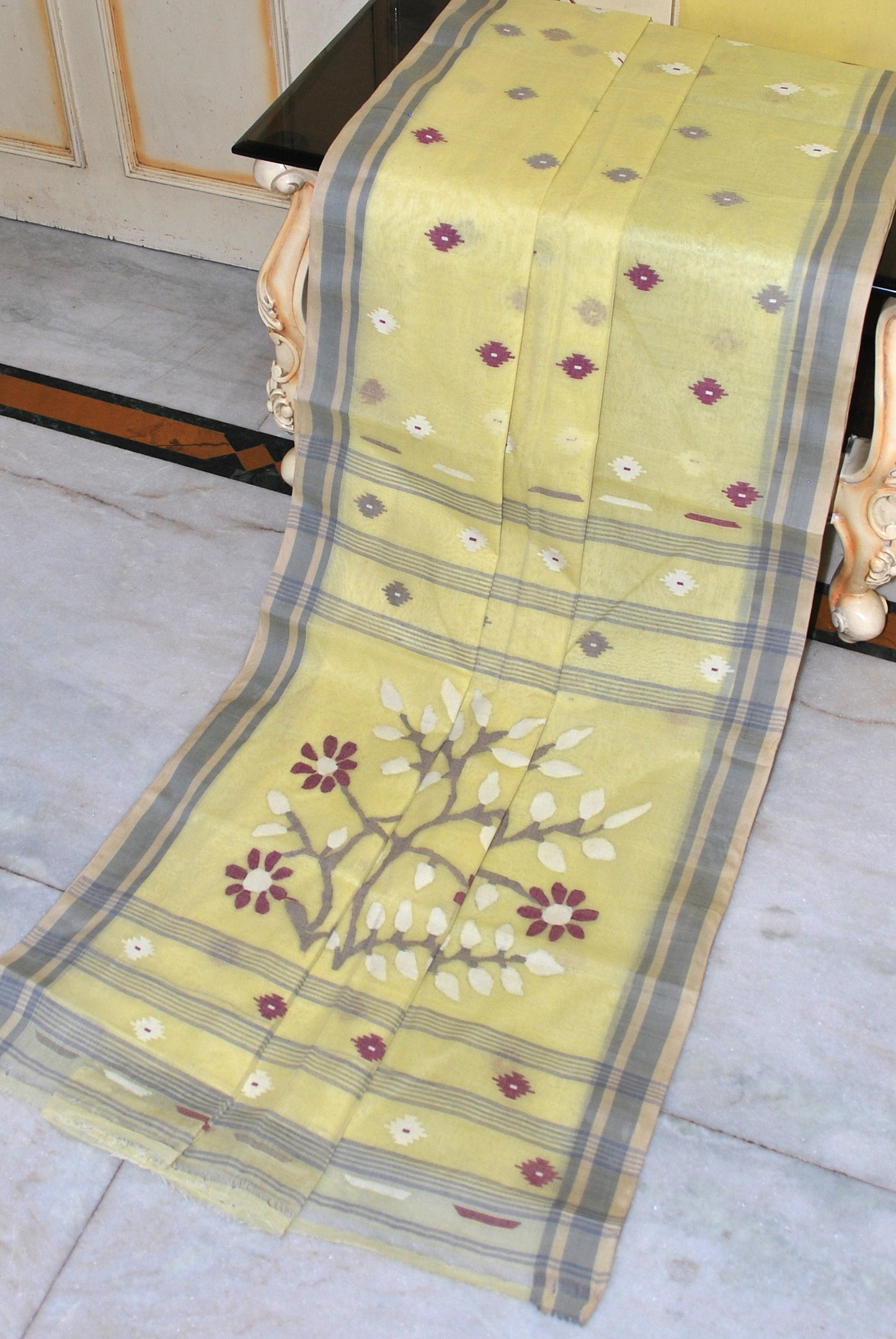 Hand Woven Cotton Dhakai Jamdani Saree in Pastel Yellow, Smoke Grey, Eggplant Purple and Off White