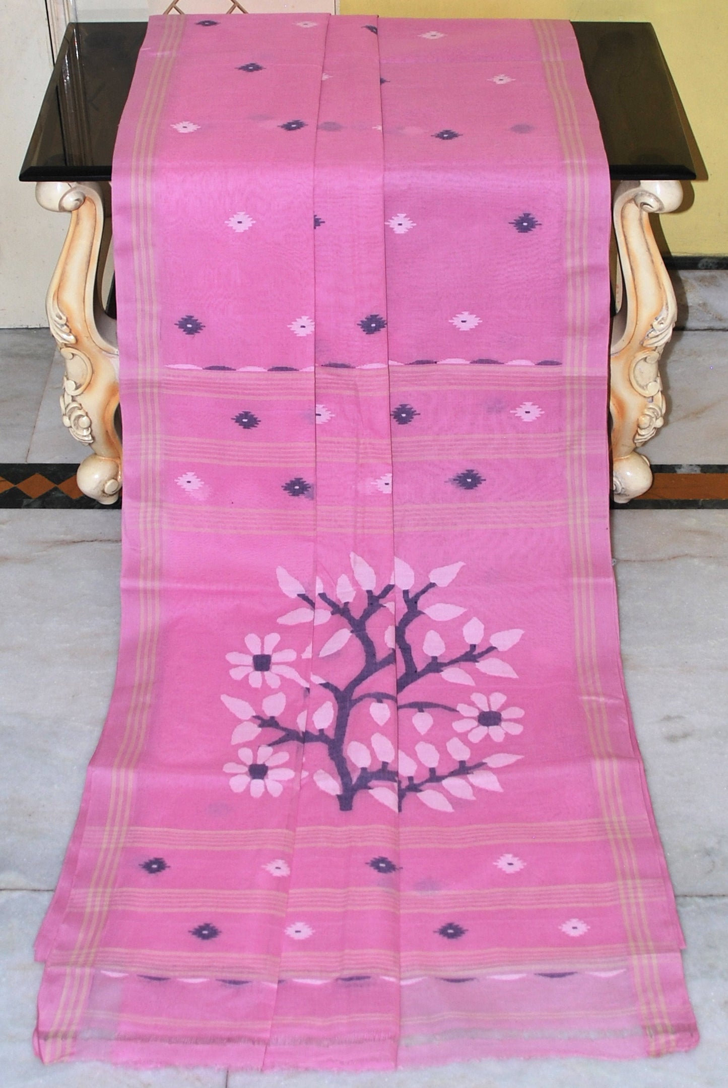 Hand Woven Cotton Dhakai Jamdani Saree in Light Pink, Midnight Blue, Beige and Off White