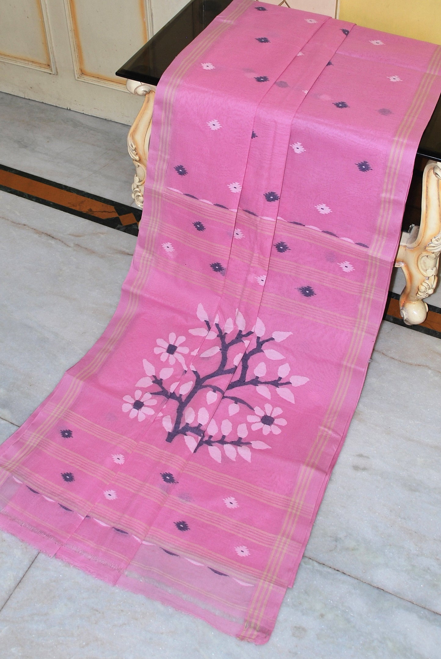 Hand Woven Cotton Dhakai Jamdani Saree in Light Pink, Midnight Blue, Beige and Off White