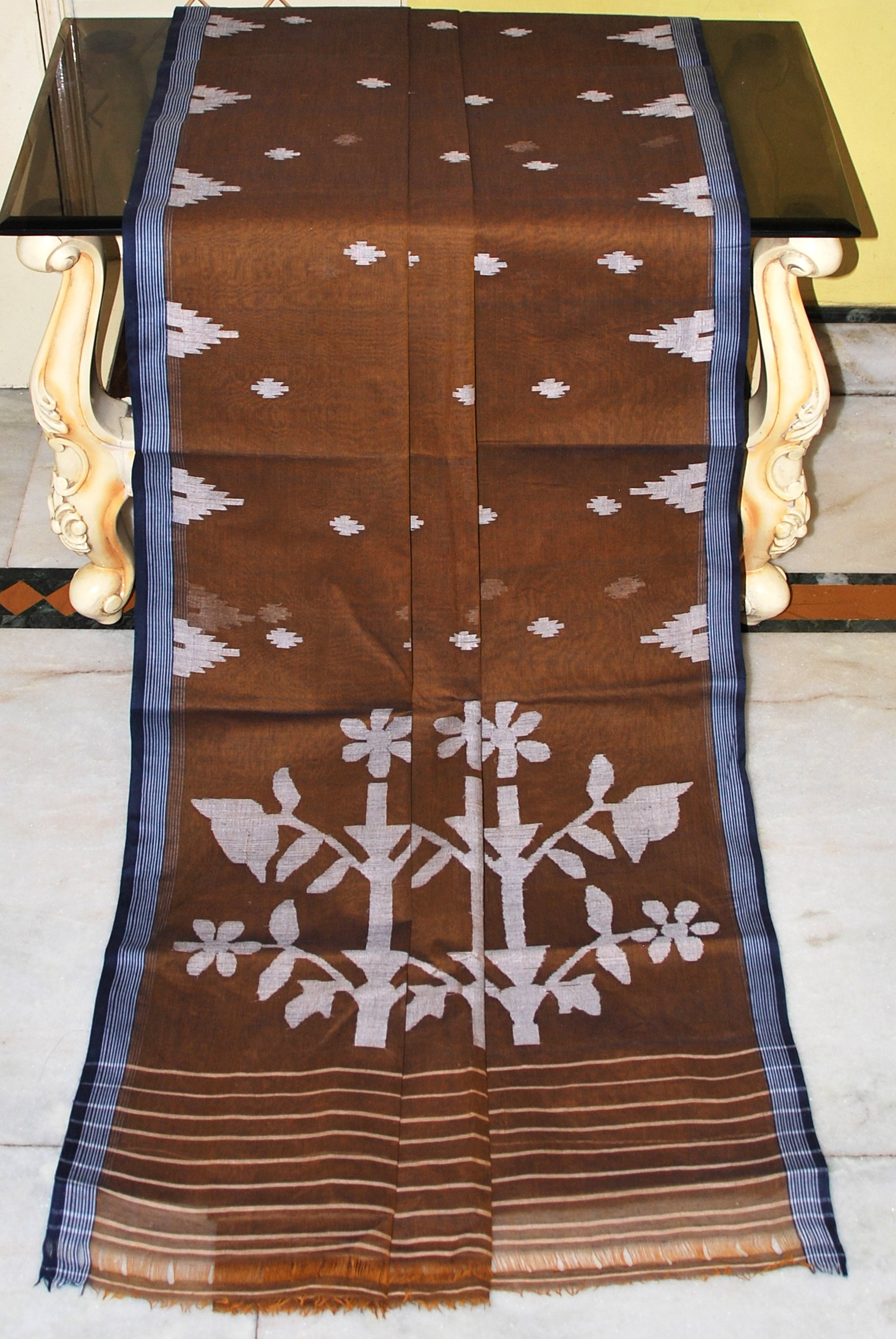 Hand Woven Cotton Dhakai Jamdani Saree in Snuff Brown, Midnight Blue and Off White