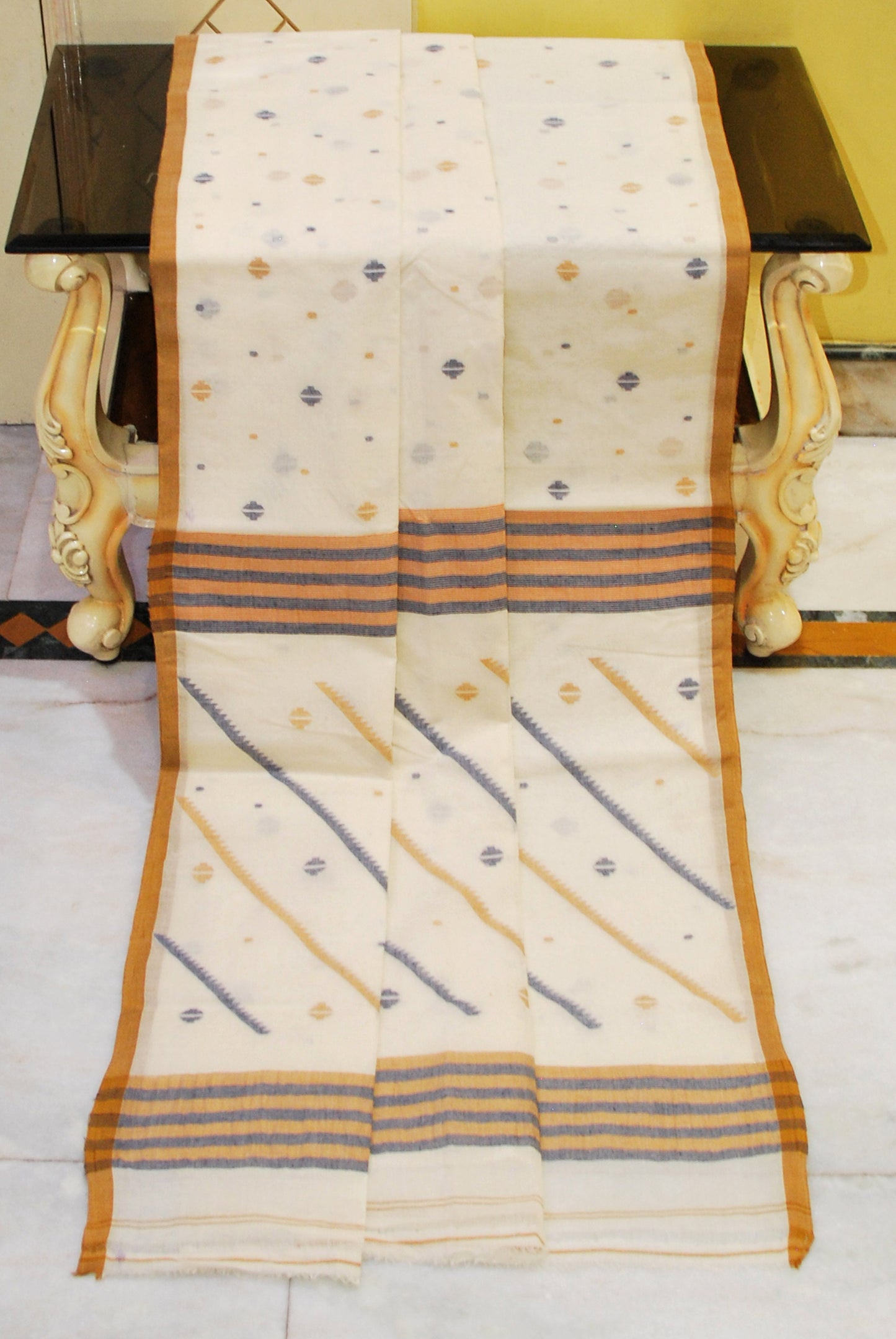 Traditional Needle Karat Work Poth Jamdani Saree in Beige, Mustard Brown and Black