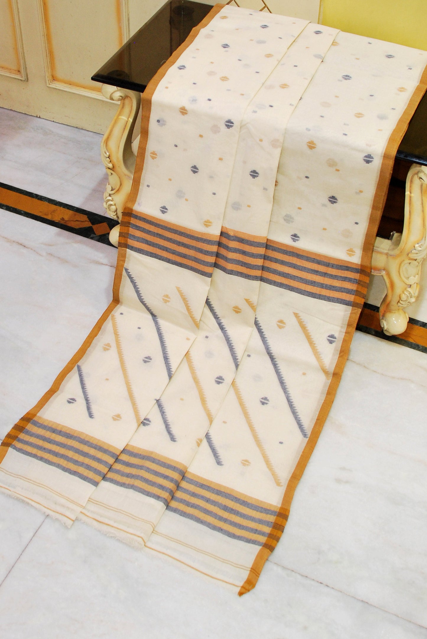 Traditional Needle Karat Work Poth Jamdani Saree in Beige, Mustard Brown and Black