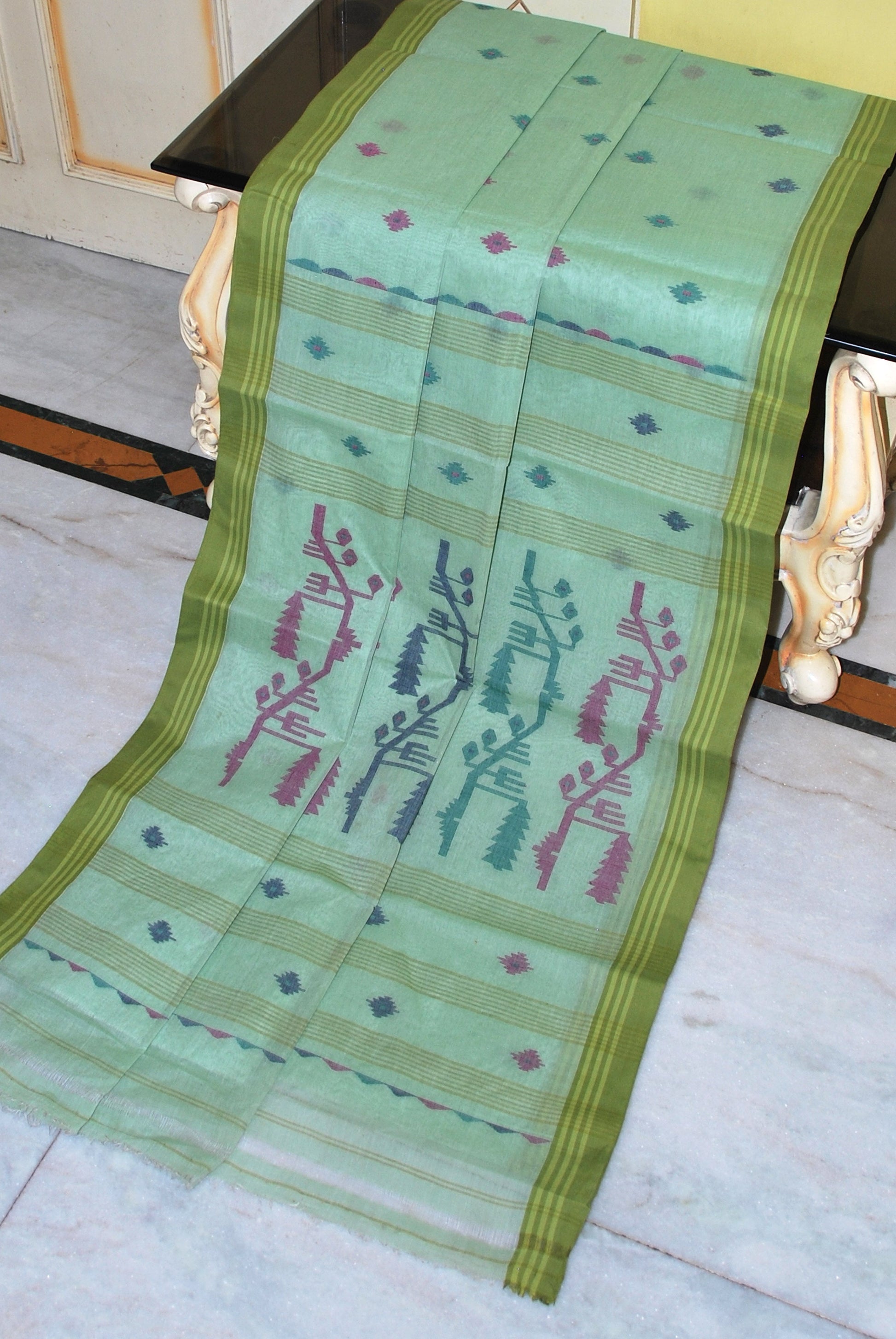 Traditional Needle Karat Work Poth Jamdani Saree in Pistachio Green and Multicolored