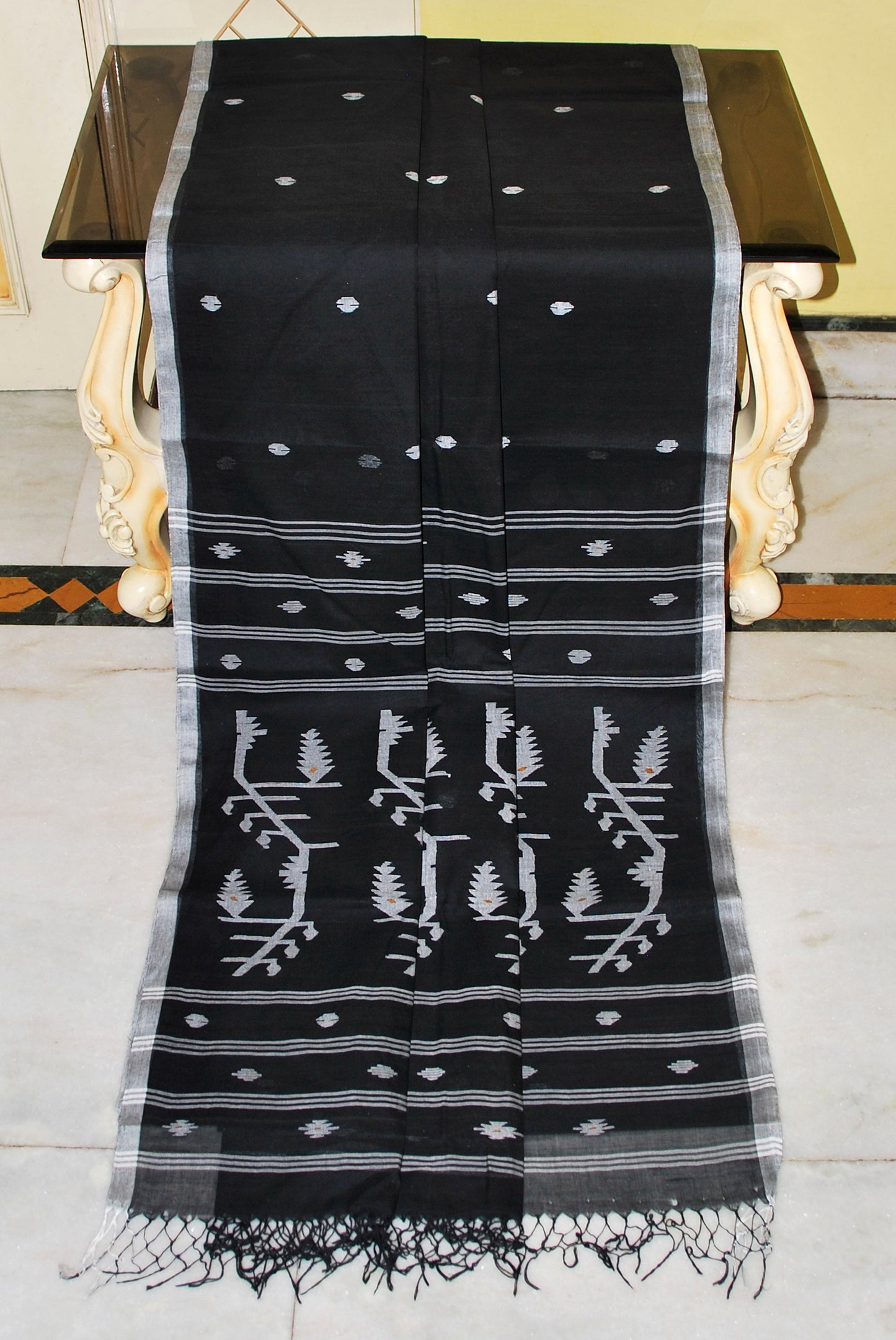 Traditional Needle Karat Work Poth Jamdani Saree in Black and Silver White