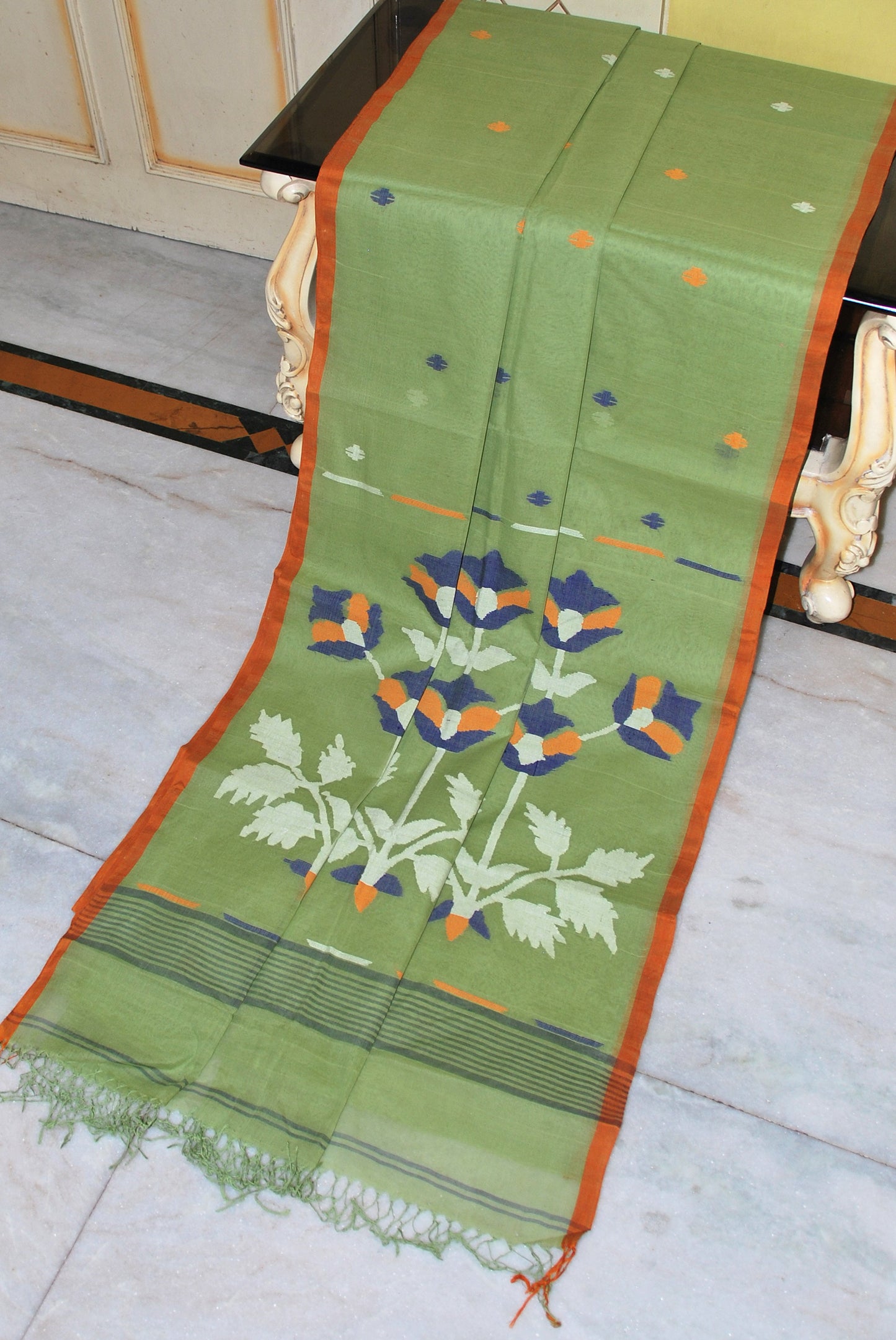 Traditional Karat Work Poth Jamdani Saree in Olive Green, Mustard Golden, Navy Blue and Off White