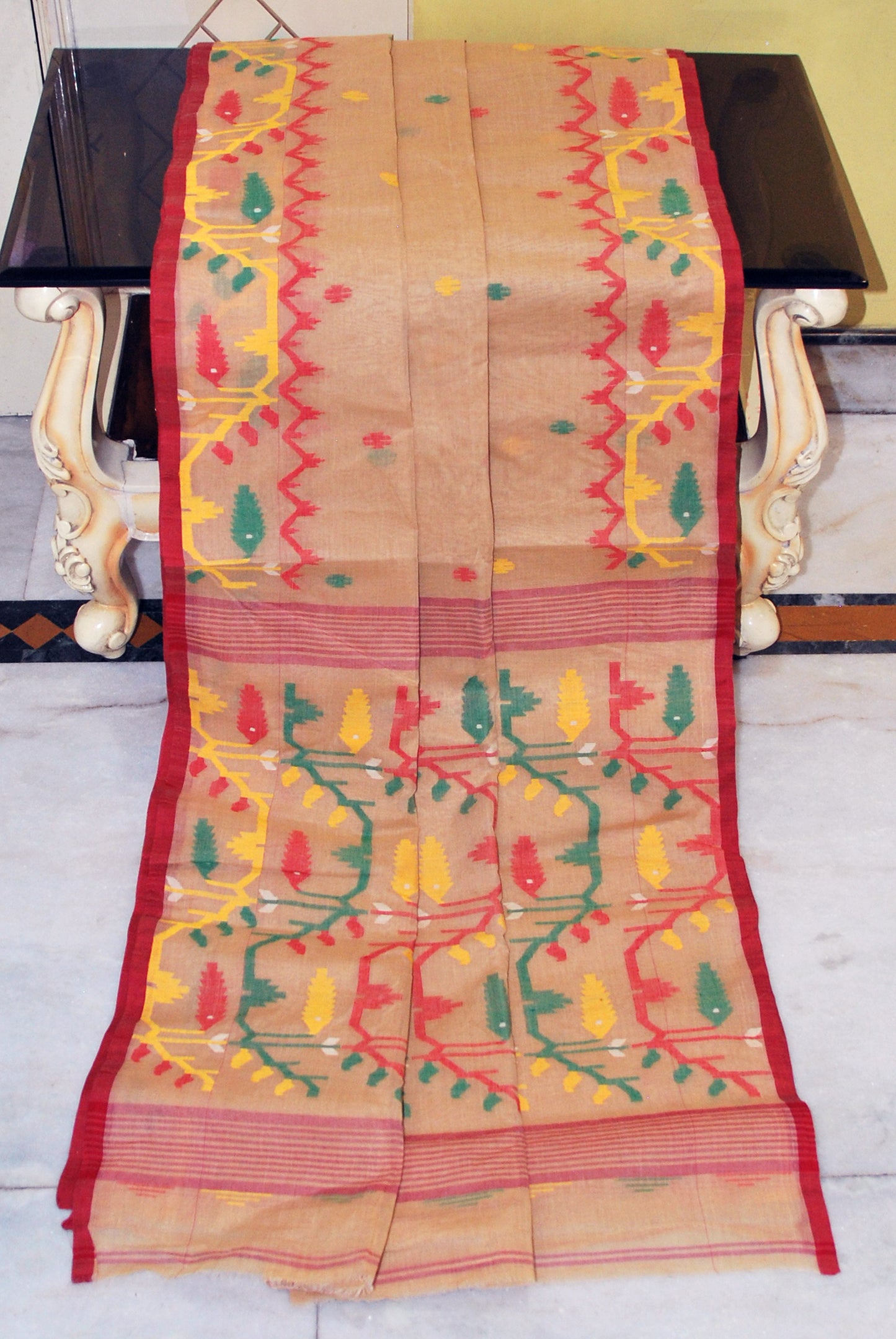 Hand Karat Needle Woven Work Pure Cotton Bengal Jamdani Saree in Beige with Red Selvage and Multicolored Thread Work