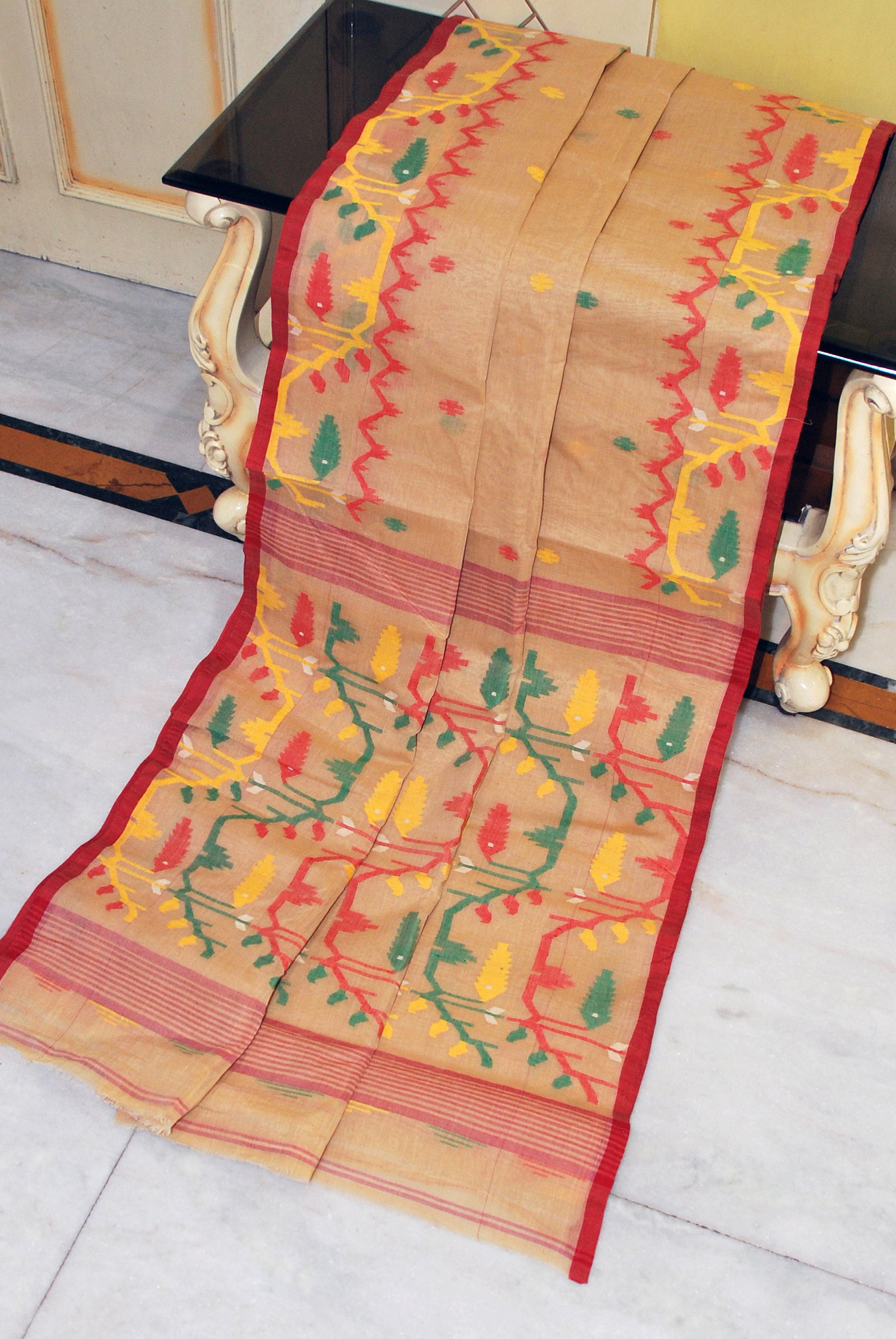 Hand Karat Needle Woven Work Pure Cotton Bengal Jamdani Saree in Beige with Red Selvage and Multicolored Thread Work