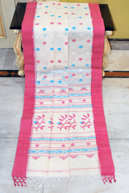 Pure Cotton Poth Jamdani Saree in Off White, Watermelon Pink, Blue and White