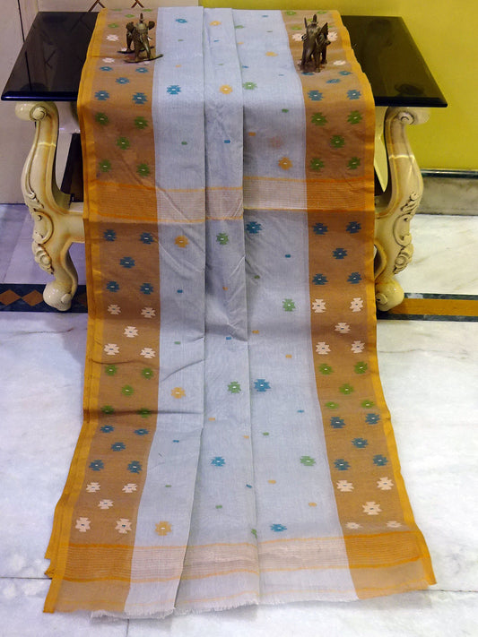 Hand Work Cotton Dhakai Jamdani Saree in Cloud Grey, Mustard Brown and Multicolored