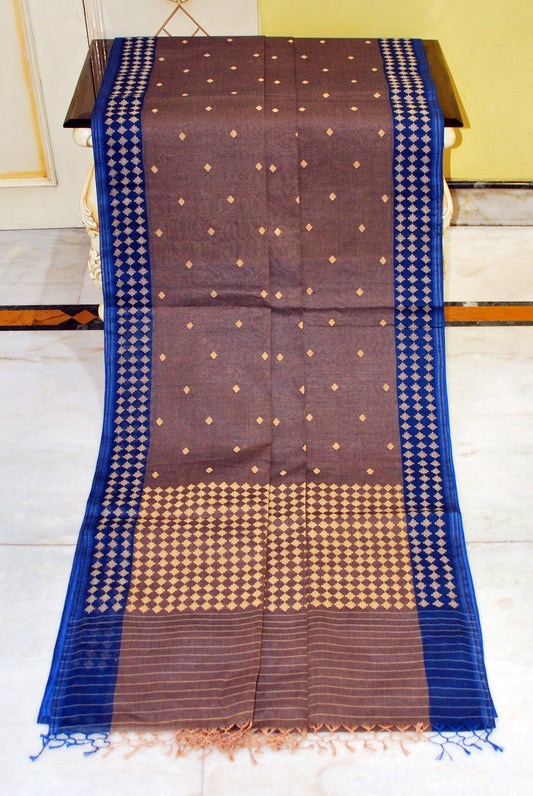 Premium Quality Double Warp Cotton Jamdani Saree in Dual Tone Warm Grey, Admiral Blue and Dark Beige