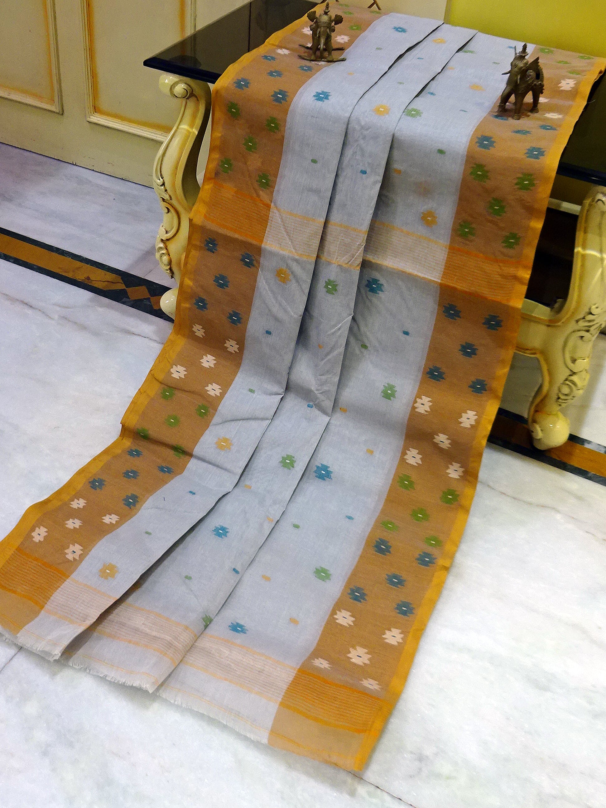 Hand Work Cotton Dhakai Jamdani Saree in Cloud Grey, Mustard Brown and Multicolored