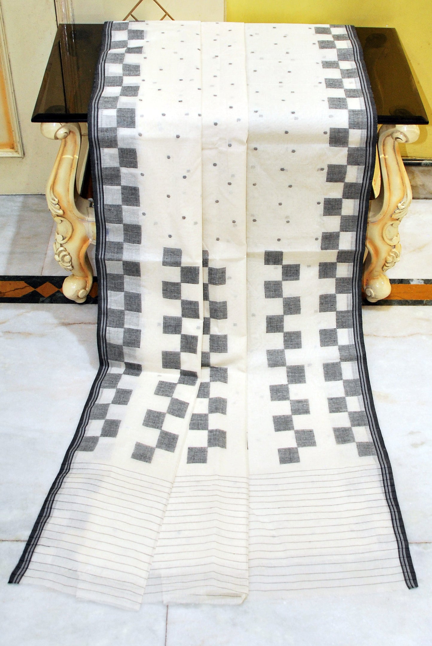 Designer Pure Cotton Bengal Jamdani Saree in Warm White and Black Thread Work