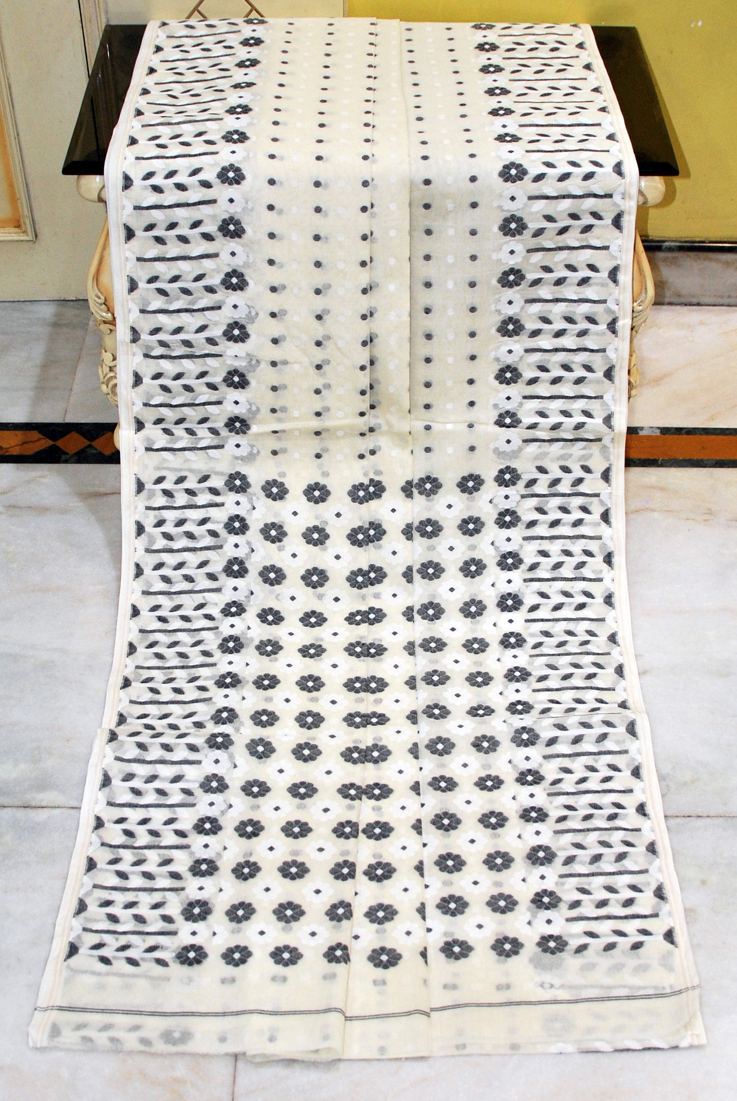 Nakshi Floral Work with Polka Butta Cotton Jamdani Saree in Off White, White and Black Thread Work