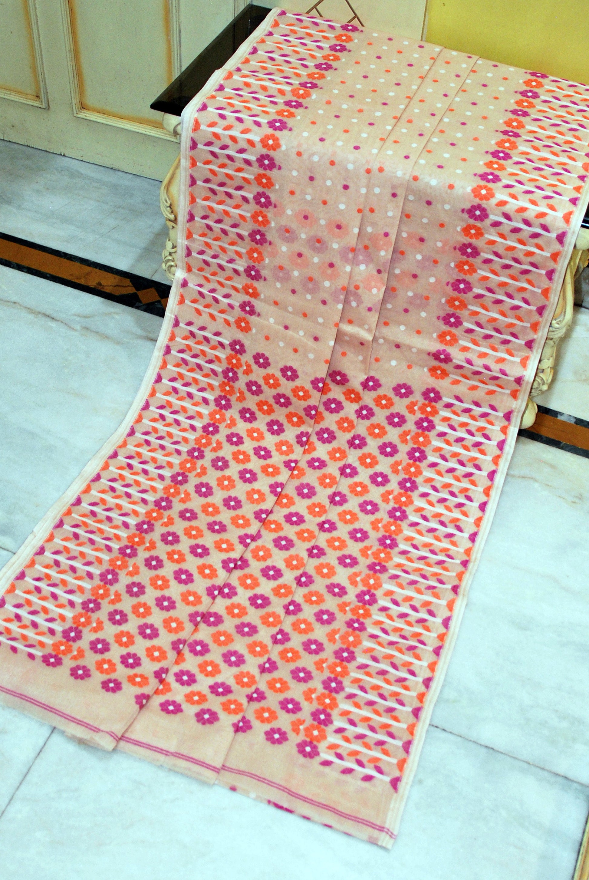 Nakshi Floral Work with Polka Butta Cotton Jamdani Saree in Lemonade and Multicolored Thread Work