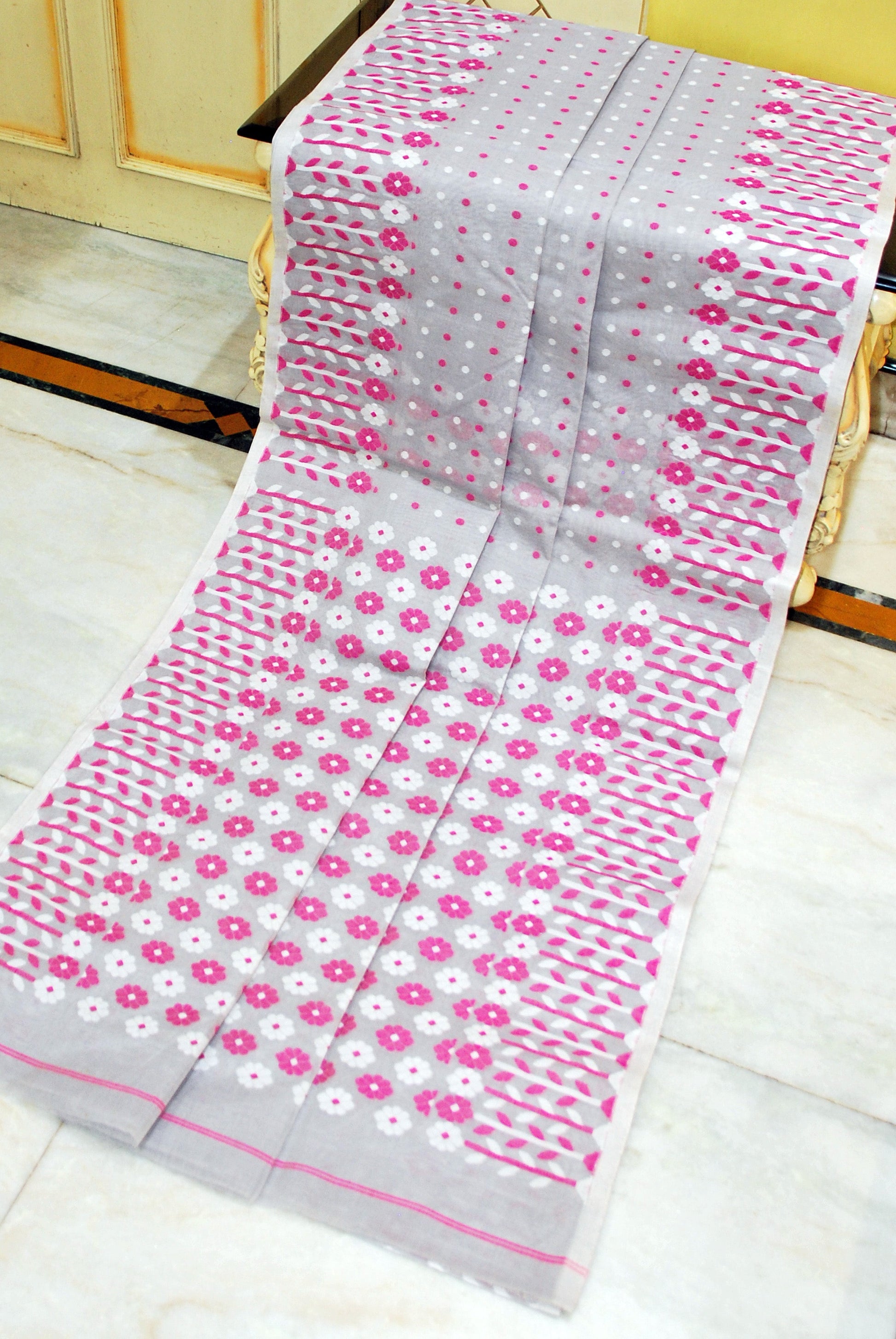 Nakshi Floral Work with Polka Butta Cotton Jamdani Saree in Cloud Grey, Magenta and Off White Thread Work