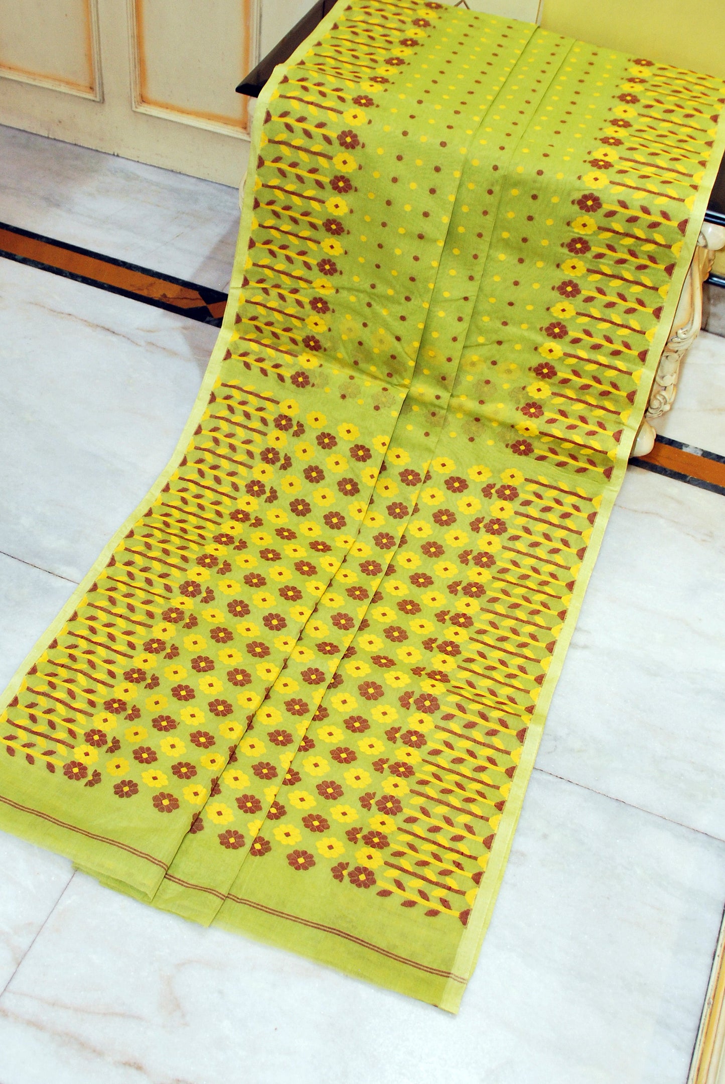 Nakshi Floral Work with Polka Butta Cotton Jamdani Saree in Lime Green, Maroon and Yellow Thread Work