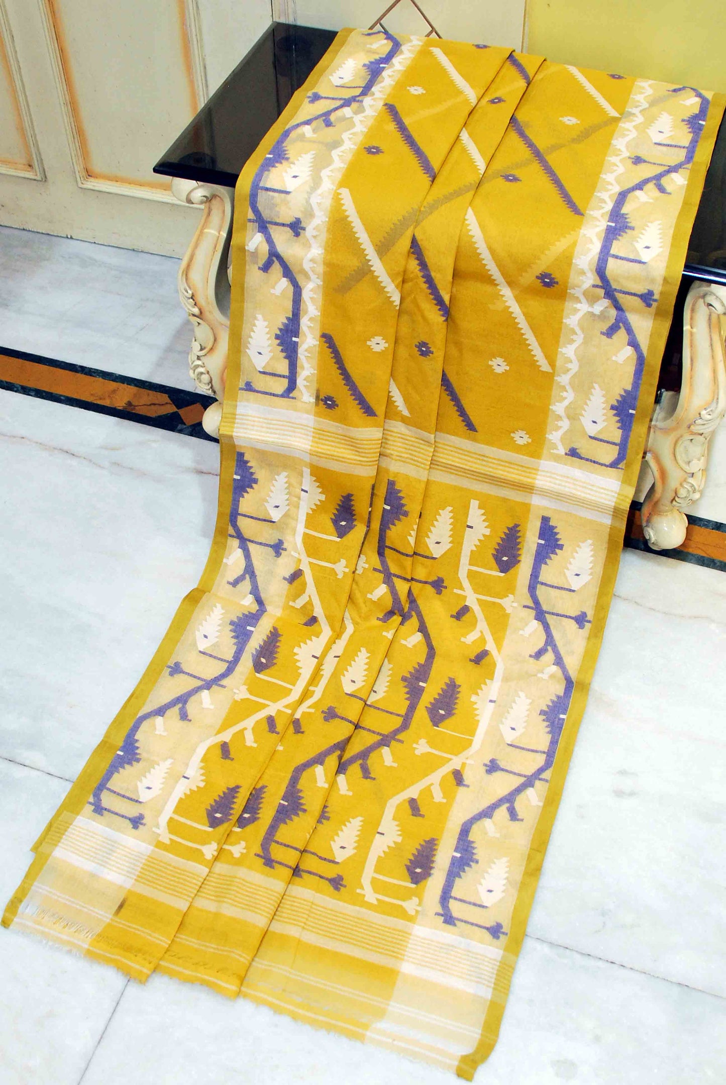 Traditional Handwoven Allover Needle Karat Work Cotton Dhakai Jamdani Saree in Mustard Yellow, Navy Blue and White Thread Work