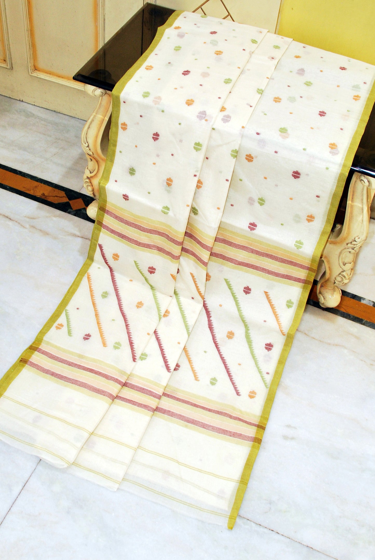 Traditional Needle Karat Work Poth Jamdani Saree in Off White, Pistachio green and Multicolored