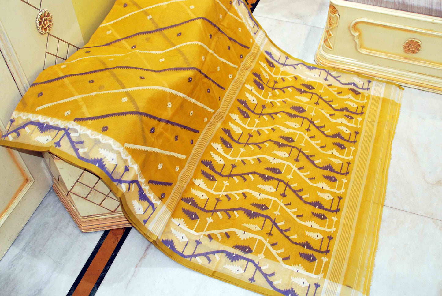 Traditional Handwoven Allover Needle Karat Work Cotton Dhakai Jamdani Saree in Mustard Yellow, Navy Blue and White Thread Work