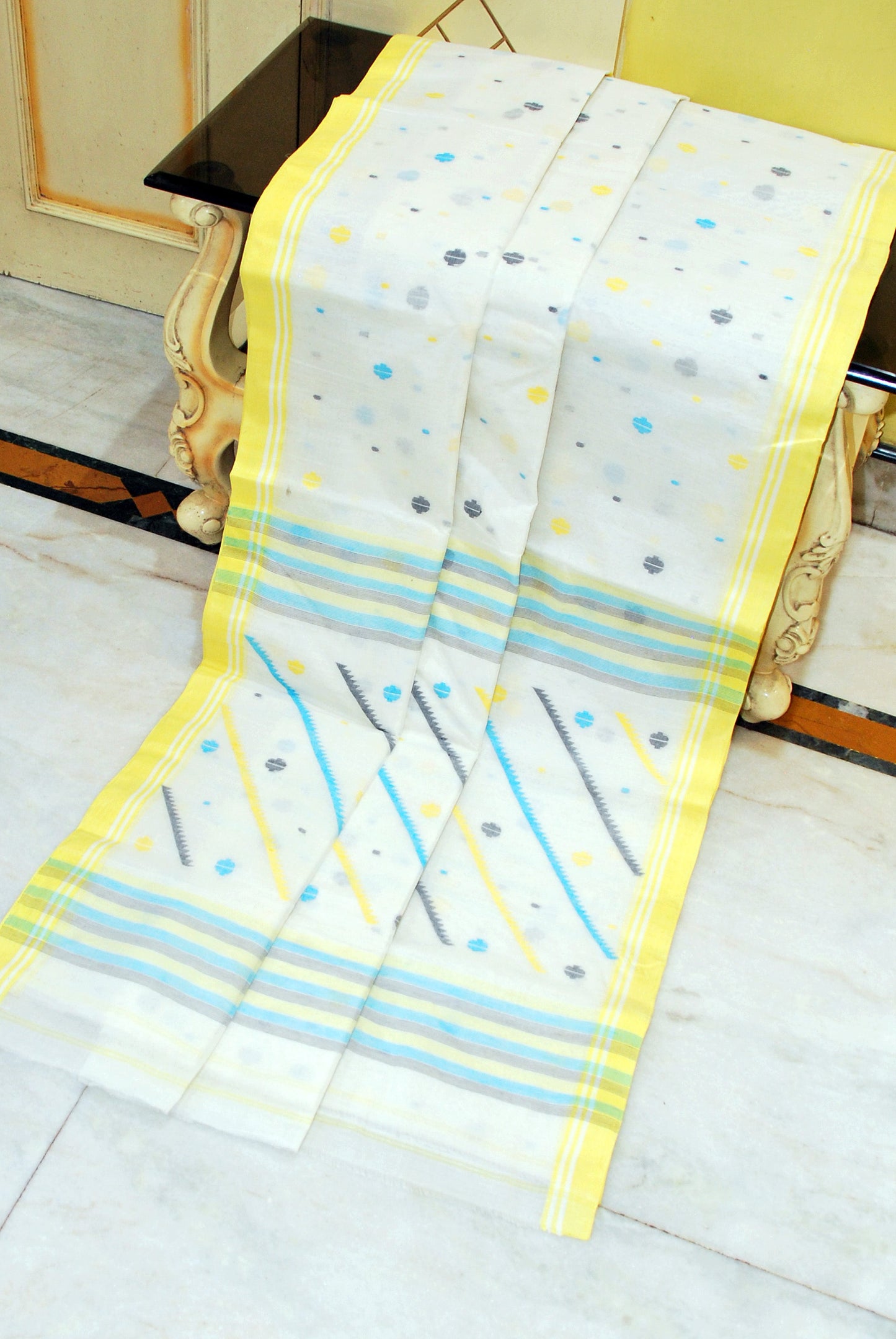 Traditional Needle Karat Work Poth Jamdani Saree in Powder White, Pastel Yellow and Multicolored