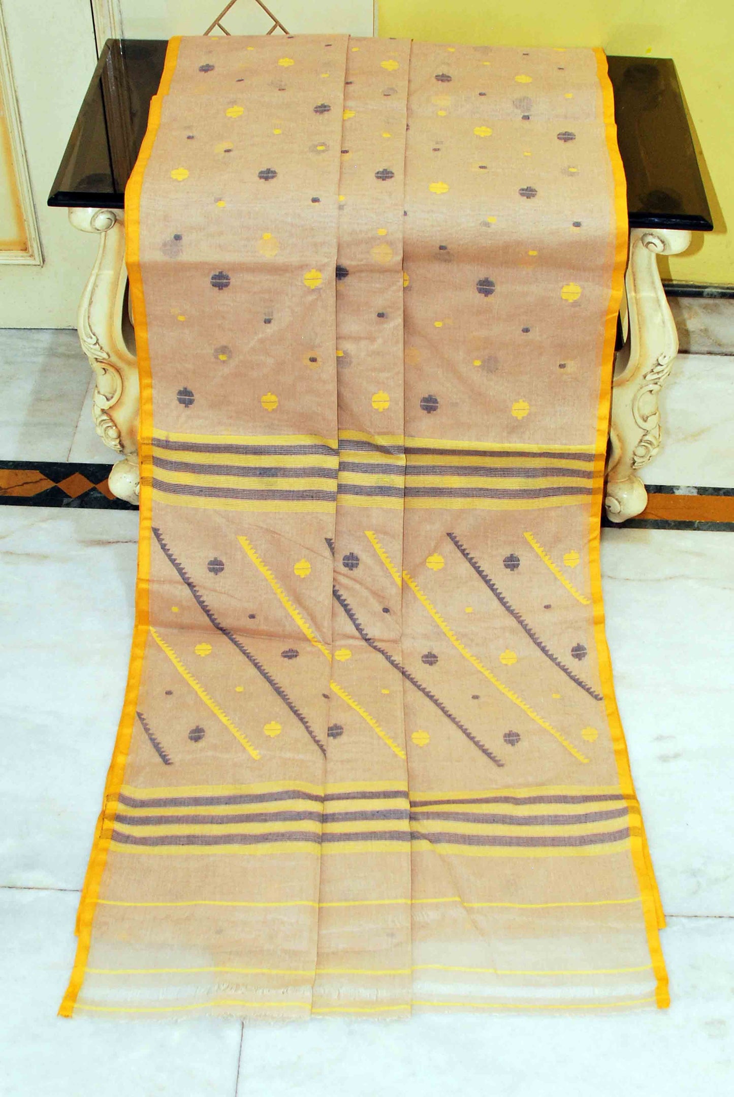 Traditional Needle Karat Work Poth Jamdani Saree in Biscotti, Bright Yellow and Black