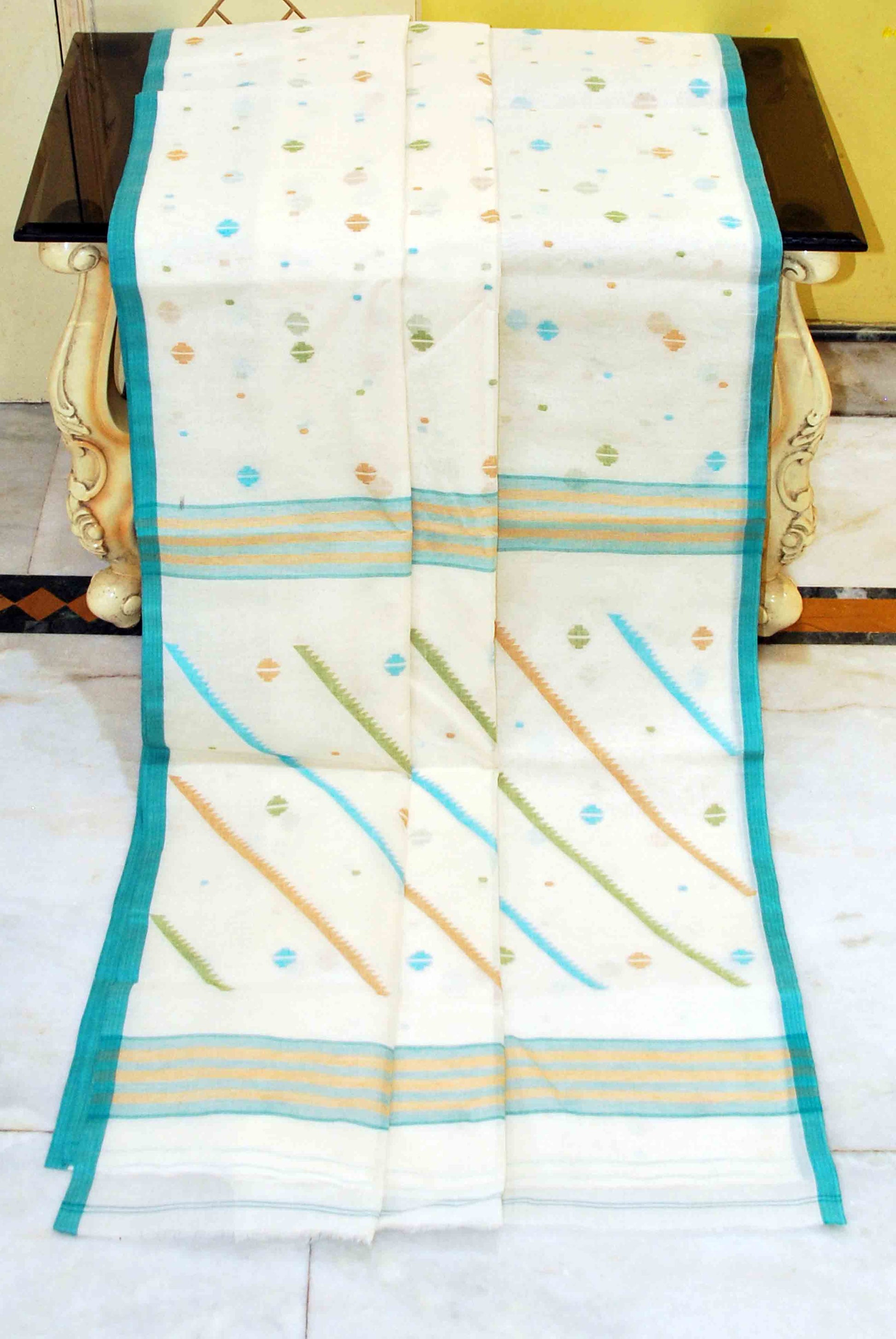 Traditional Needle Karat Work Poth Jamdani Saree in Off White, Sea green and Multicolored