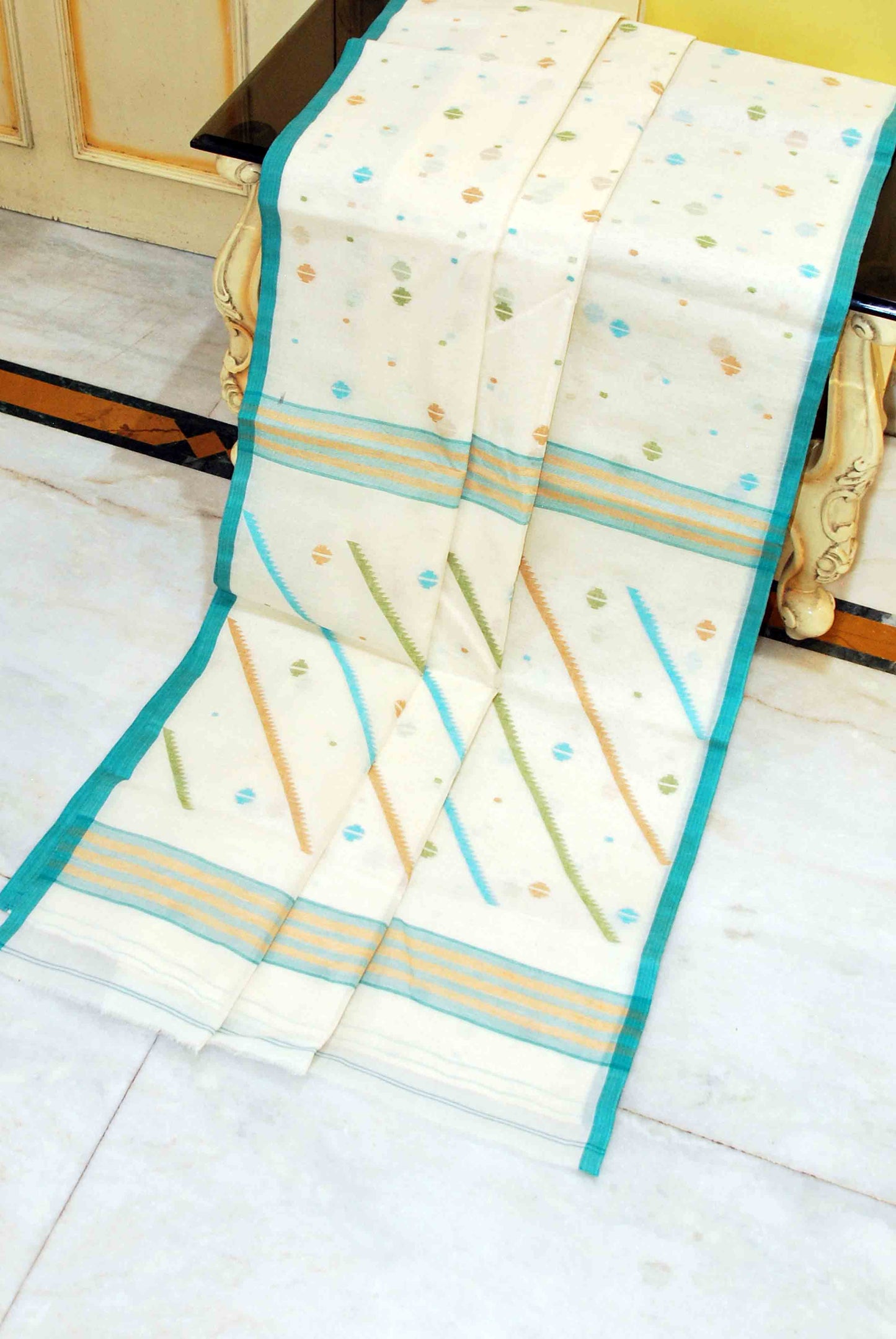 Traditional Needle Karat Work Poth Jamdani Saree in Off White, Sea green and Multicolored