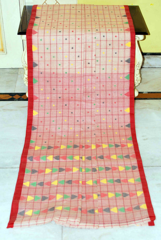 Woven Checks with Polka Butta Cotton Jamdani Saree in Beige, Red and Multicolored Thread Work