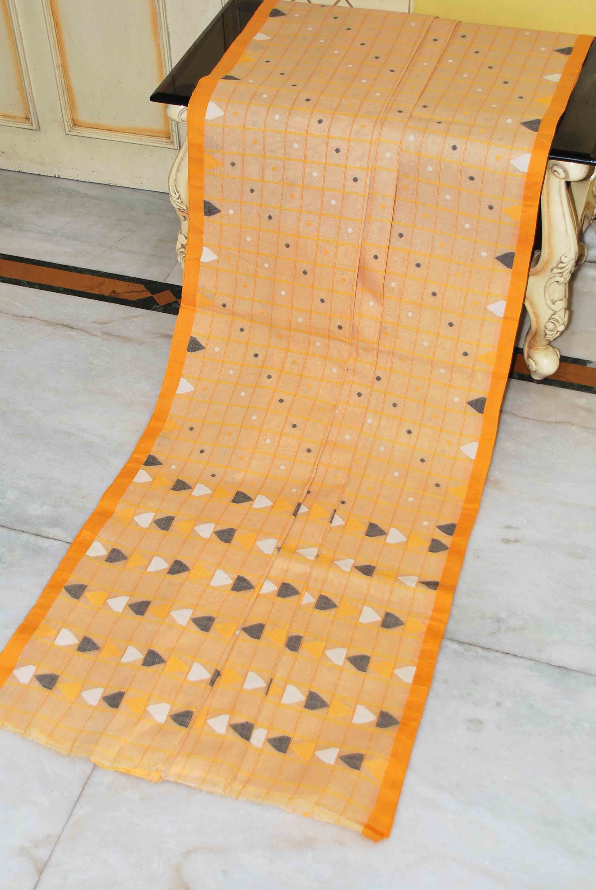 Woven Checks with Polka Butta Cotton Jamdani Saree in Parmesan, Golden Yellow, Black and White Thread Work