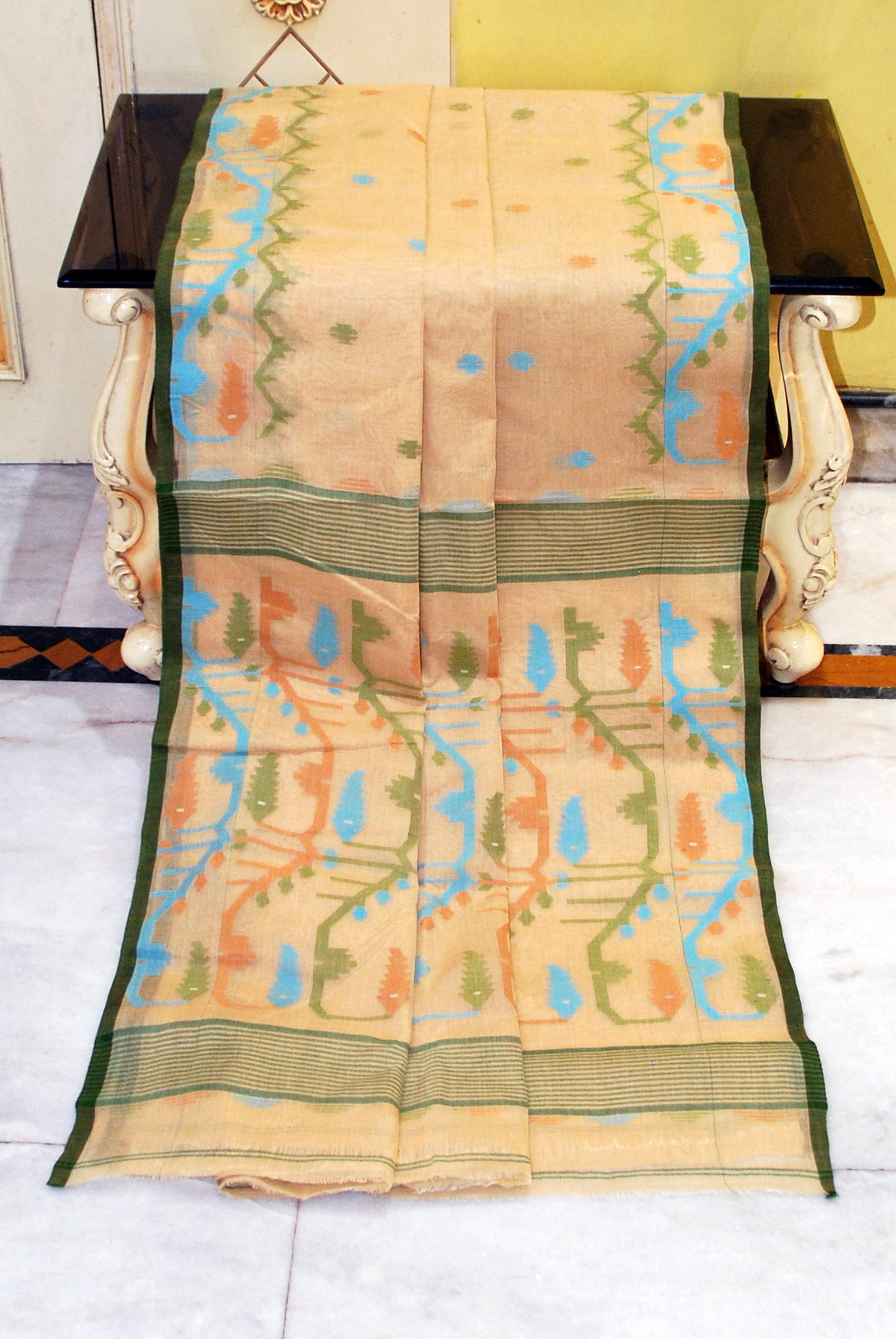 Hand Karat Needle Woven Work Pure Cotton Bengal Jamdani Saree in Warm Beige, Dark Green and Multicolored