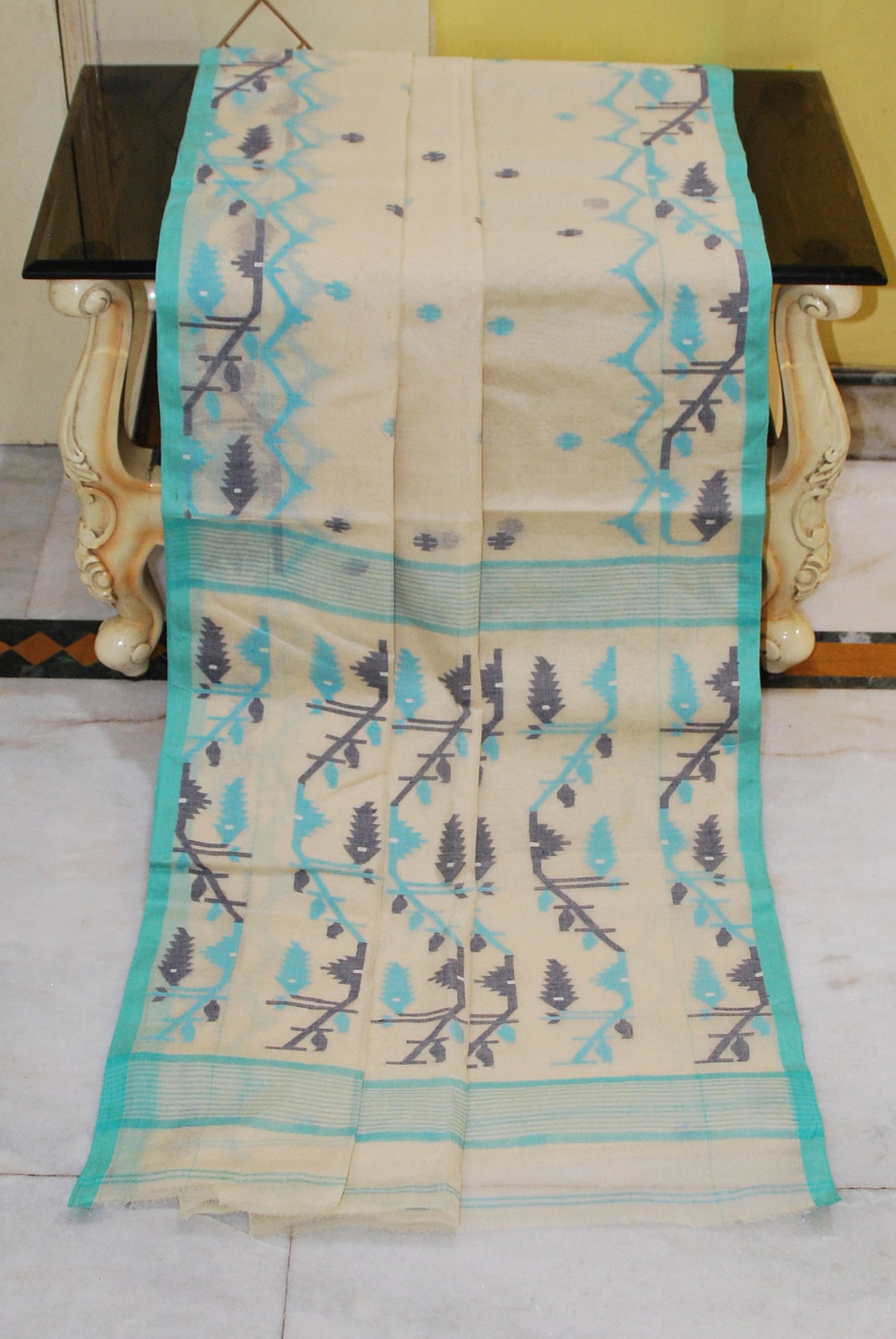 Hand Karat Needle Woven Work Pure Cotton Bengal Jamdani Saree in Beige, Turquoise and Multicolored