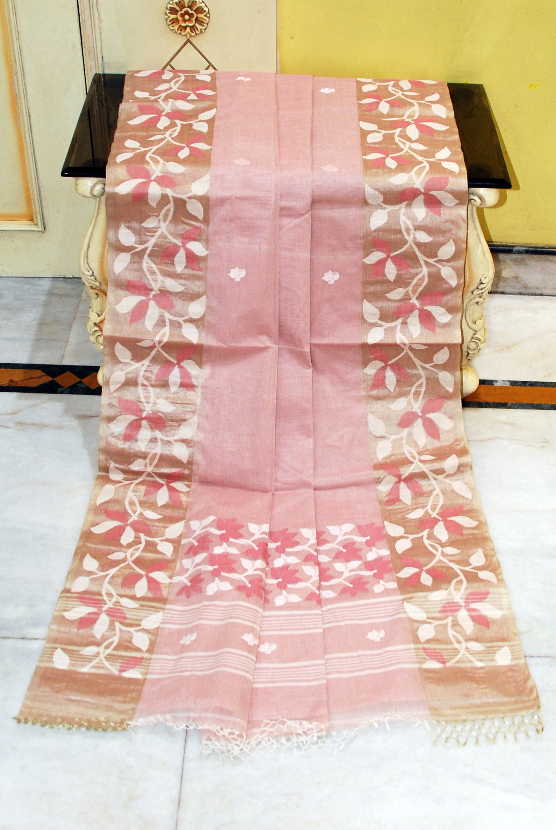 Tussar Silk Hand Woven Lotus Nakshi Border Cotton Dhakai Jamdani Saree in Thulian Pink, Off White and Golden Beige