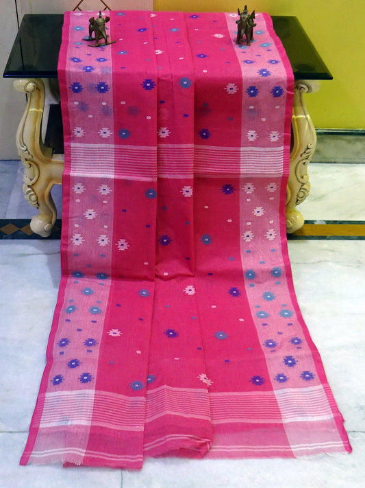 Hand Work Cotton Dhakai Jamdani Saree in Strawberry, Diffuse Pink and Multicolored