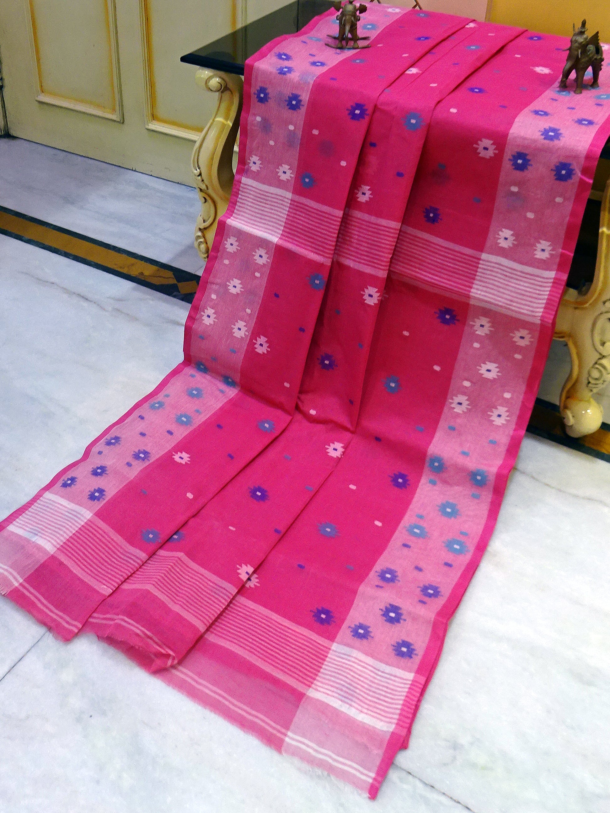 Hand Work Cotton Dhakai Jamdani Saree in Strawberry, Diffuse Pink and Multicolored