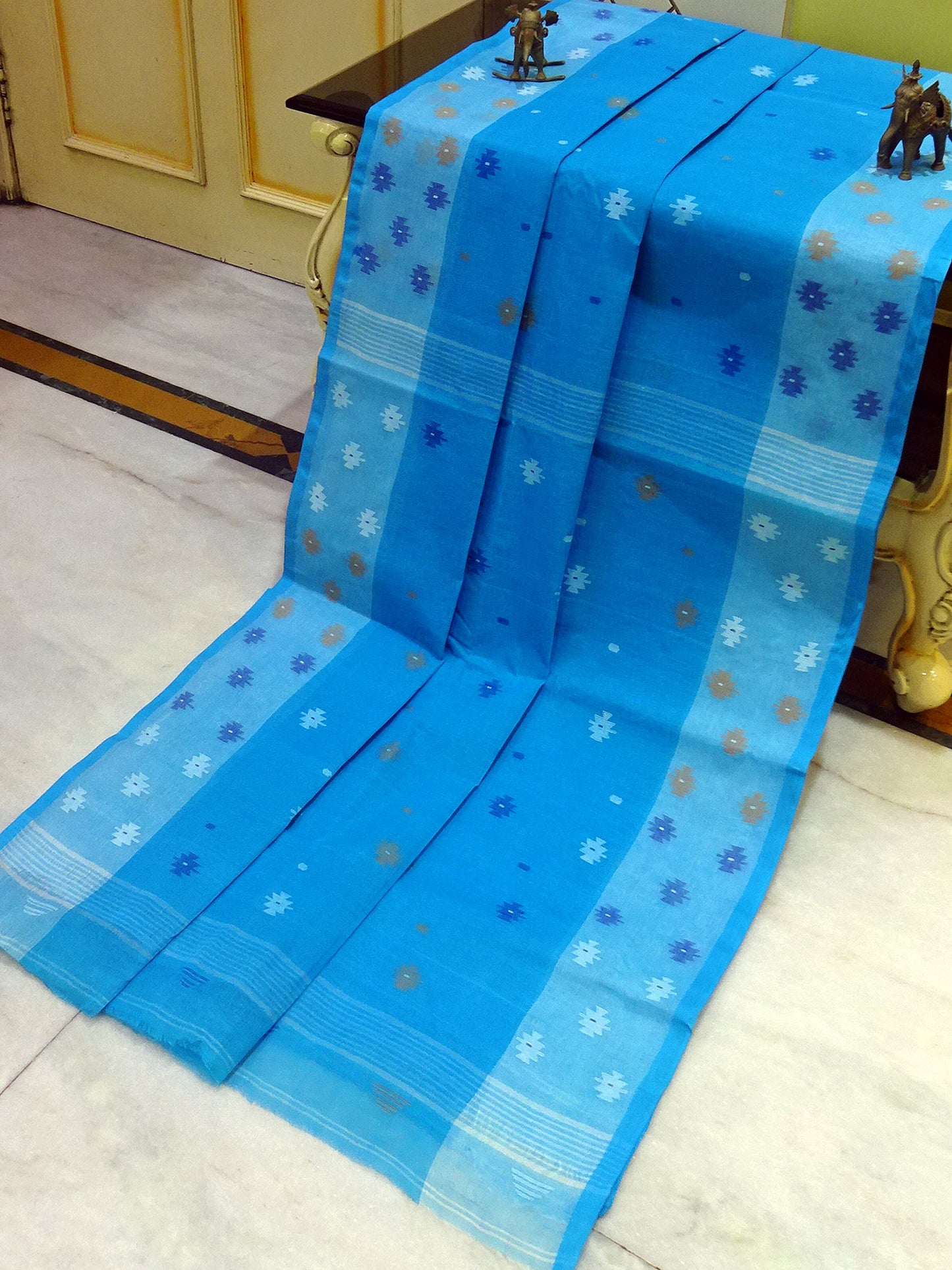 Hand Work Cotton Dhakai Jamdani Saree in Azure Blue, Sky Blue and Multicolored