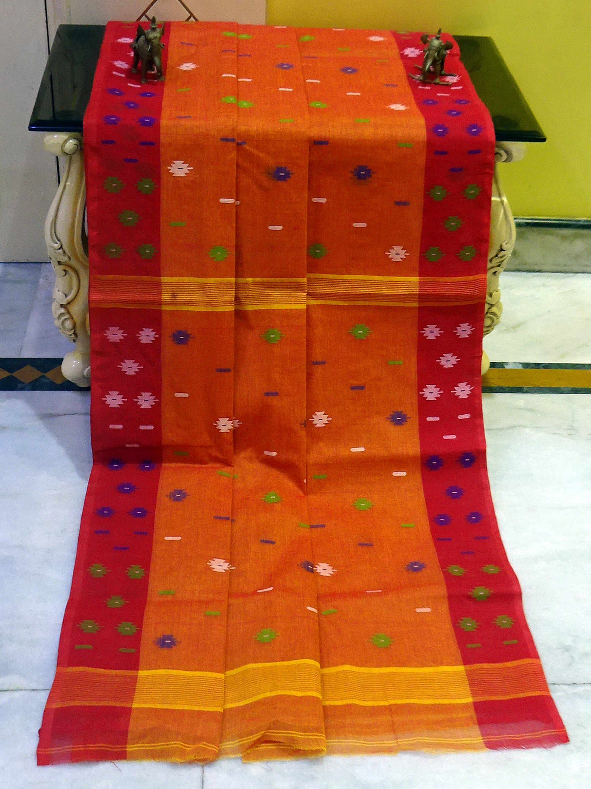 Hand Work Cotton Dhakai Jamdani Saree in Burnt Orange, Red and Multicolored