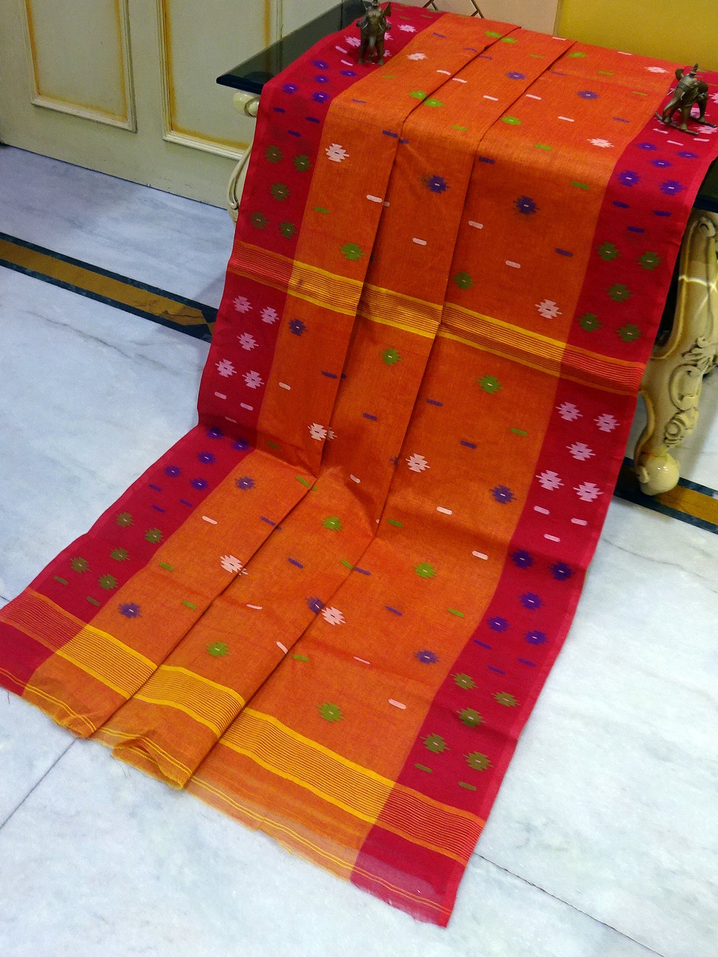 Hand Work Cotton Dhakai Jamdani Saree in Burnt Orange, Red and Multicolored