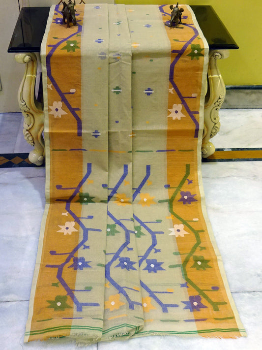 Hand Woven Cotton Dhakai Jamdani Saree in Beige, Duck Foot and Multicolored Thread Work