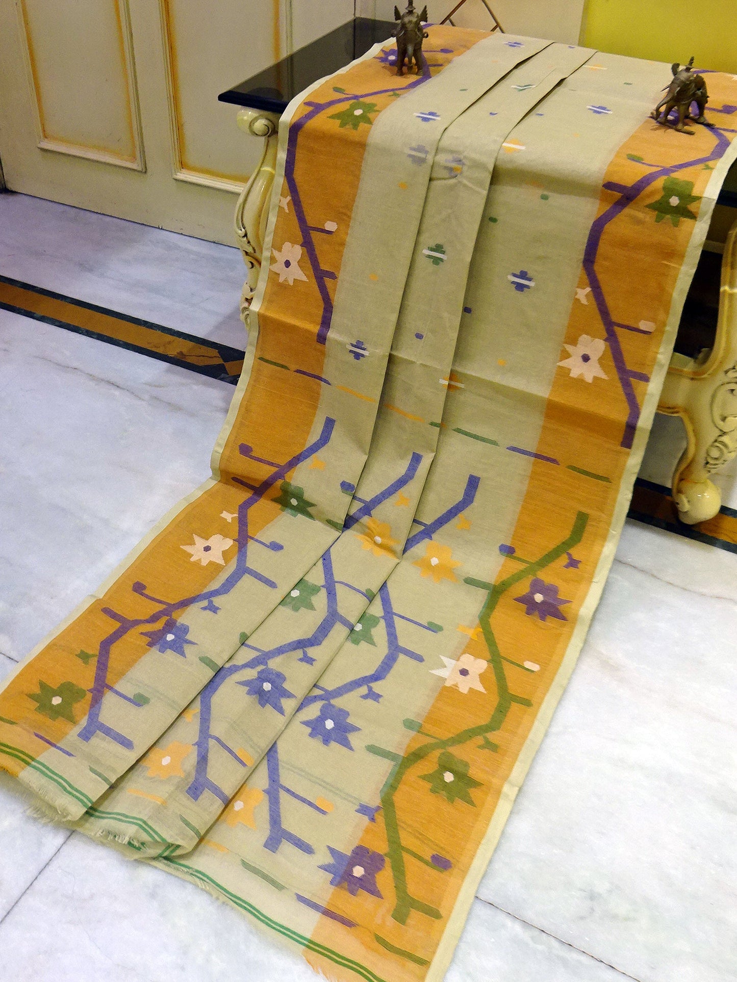 Hand Woven Cotton Dhakai Jamdani Saree in Beige, Duck Foot and Multicolored Thread Work