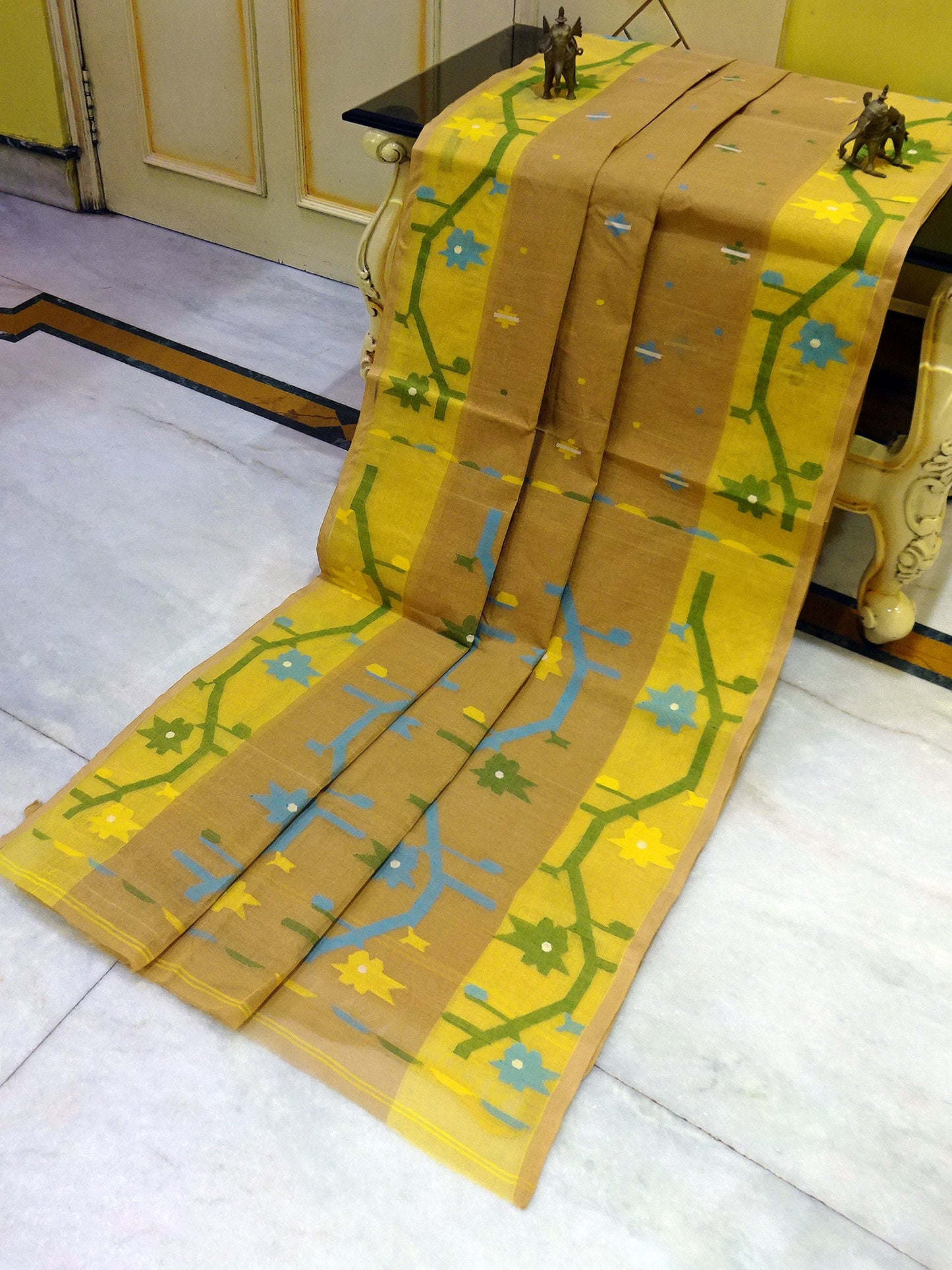 Hand Woven Cotton Dhakai Jamdani Saree in Brown, Yellow and Multicolored Thread Work