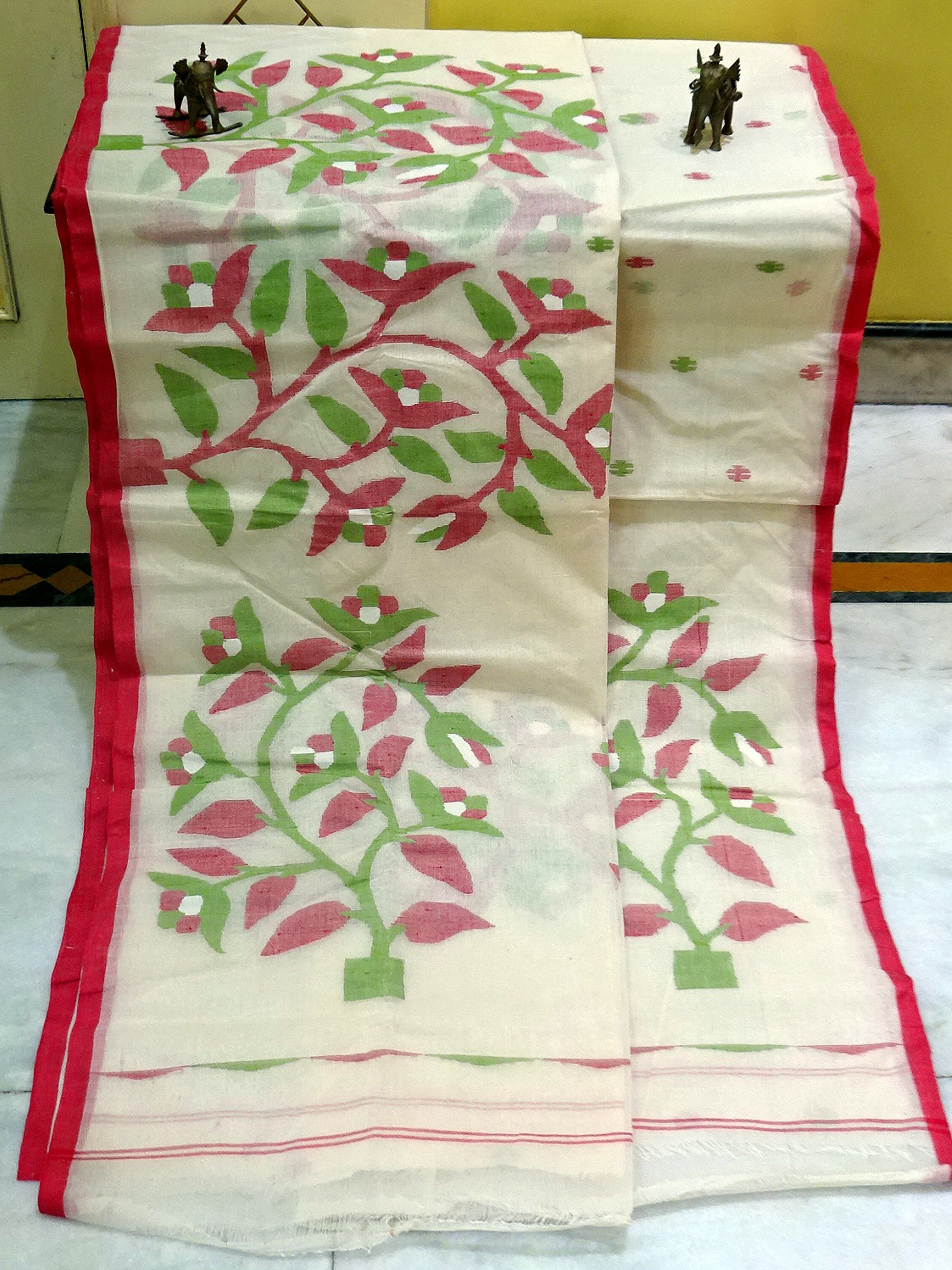 Skirt Nakshi Hand Work Jamdani Saree in Parchment White, Red, Green and Off White Thread Work