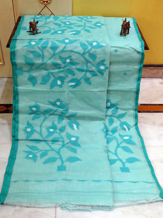 Skirt Nakshi Hand Work Jamdani Saree in Teacup Teal, Turquoise Blue and Off White Thread Work