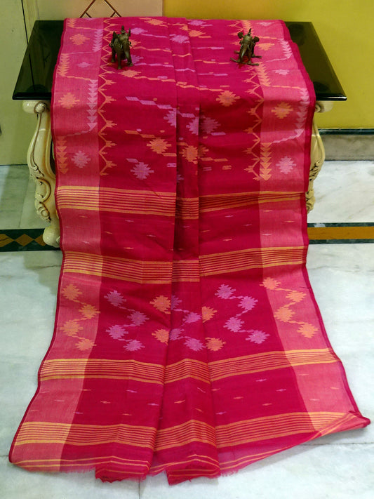 Hand Karat Work Cotton Dhakai Jamdani Saree in Ruby Pink and Multicolored Thread Work