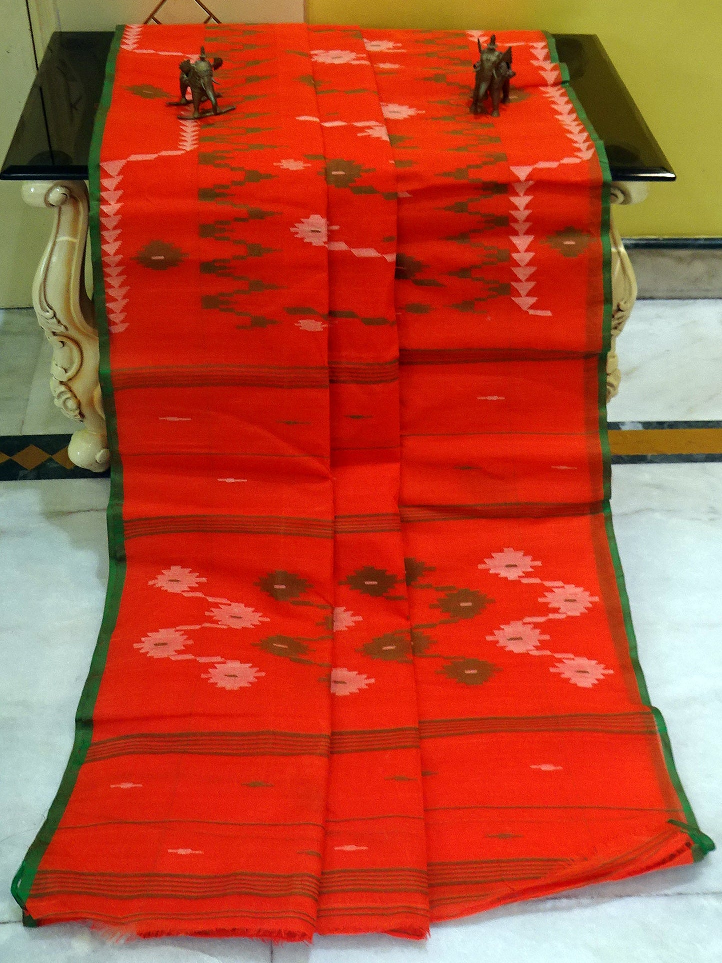 Hand Karat Work Cotton Dhakai Jamdani Saree in Orange, Green and Off White